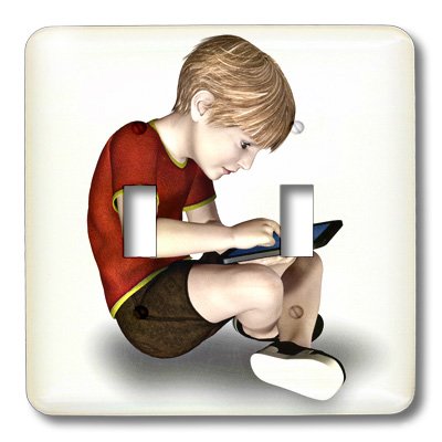 3D Rose Double Toggle Switch Wall Plate - Boy Using Tablet Design - Perfect for Kids' Rooms, Playrooms & Home Offices - Decorative Electrical Outlet Cover