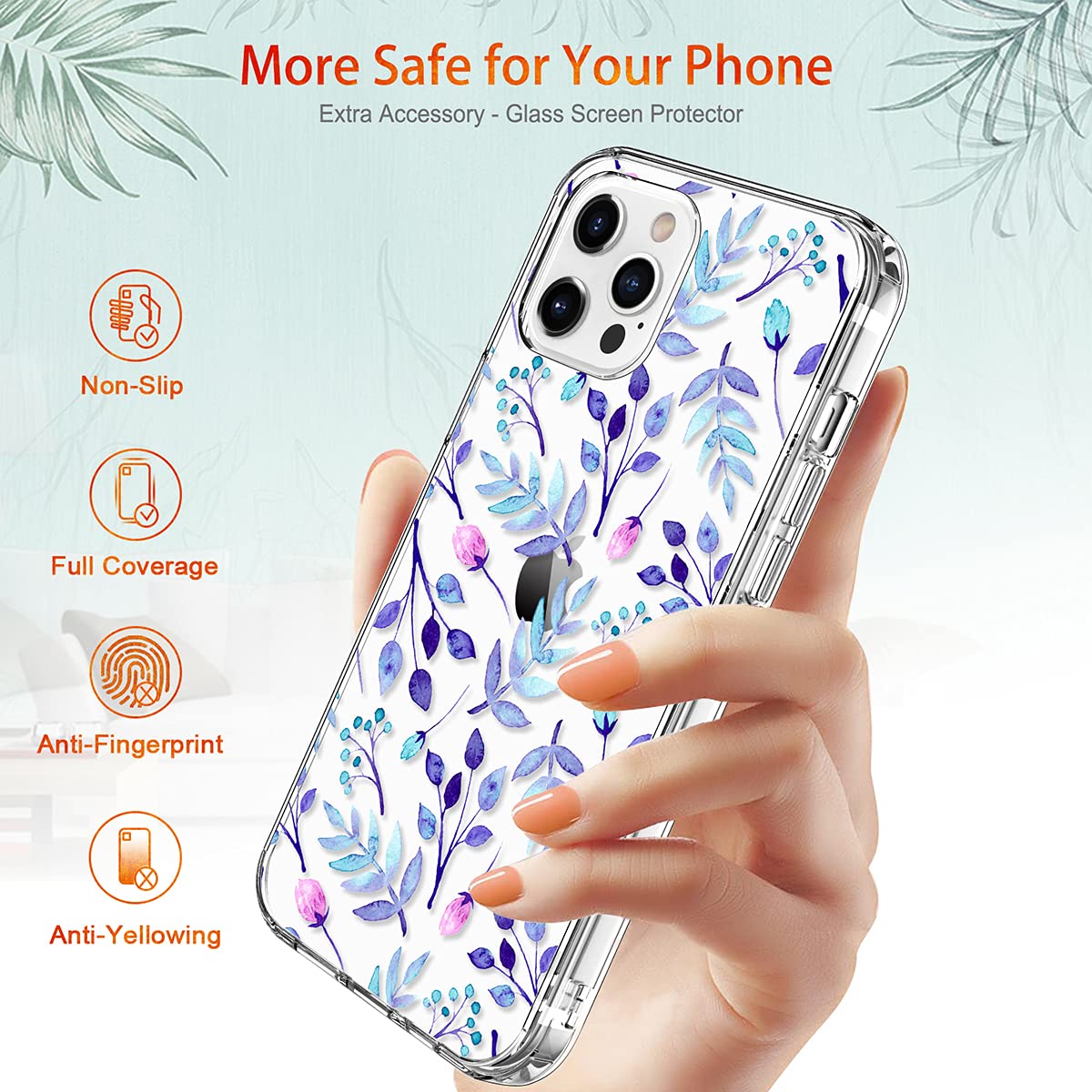 GiiKa Clear Shockproof iPhone 12 Pro Max Case with Screen Protector | Full Body Protection Hard Case with TPU Bumper | Floral Design for Women & Girls | Perfect for Everyday Use, Travel & Outdoor Activities