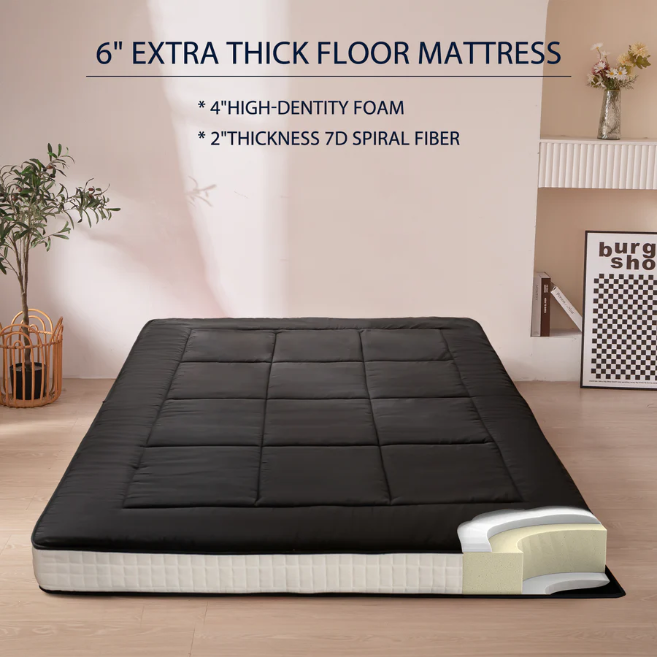 MAXYOYO Padded Japanese Floor Mattress - Black Foldable Roll Up Futon for Bedroom, Guest Room & Travel | Comfortable Floor Sleeping Mat for Adults & Kids