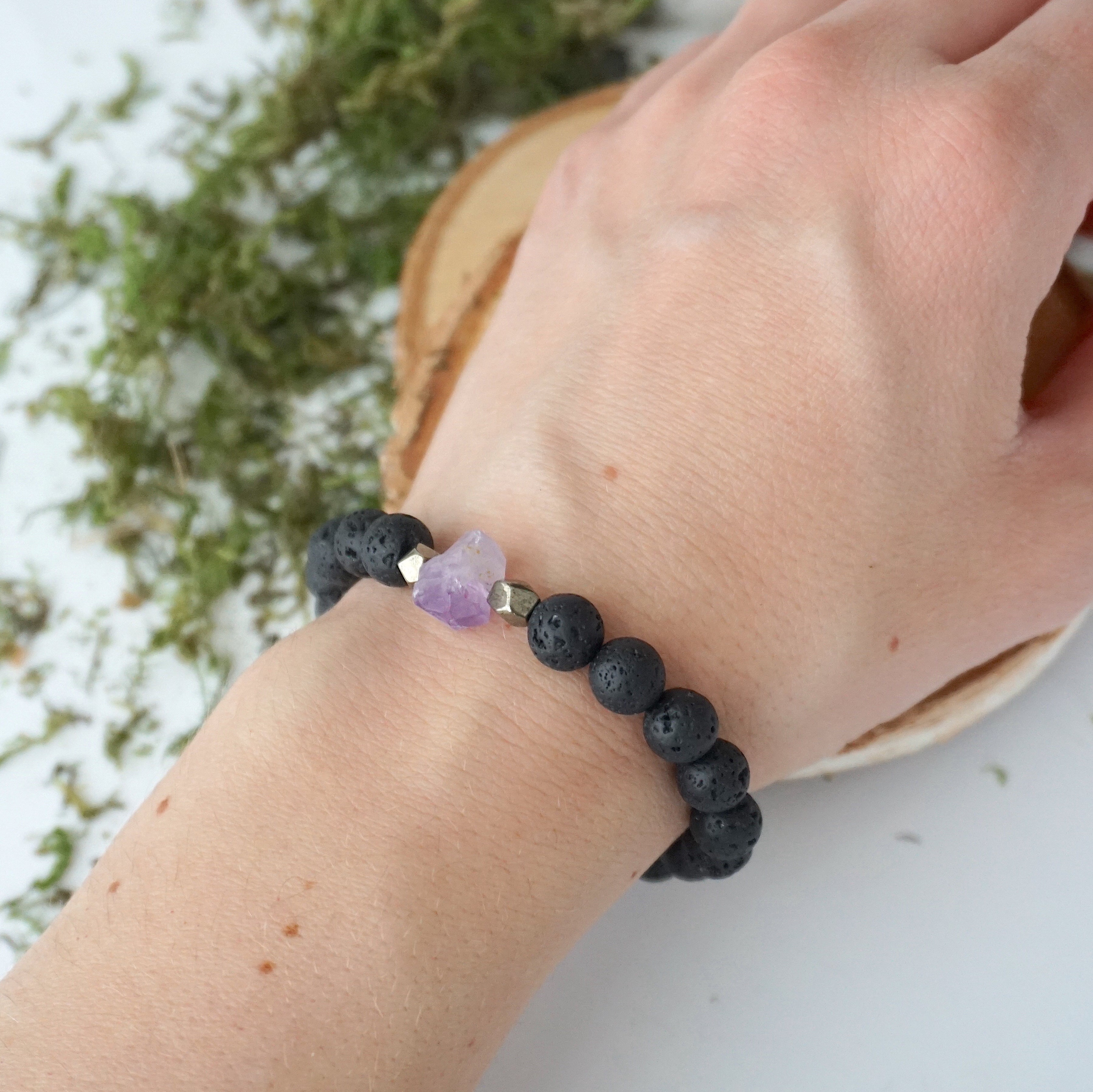 Natural Raw Amethyst & Black Lava Stone Beads Healing Crystal Mala Bracelet for Meditation, Yoga & Spiritual Protection | Handmade Gemstone Jewelry Gift