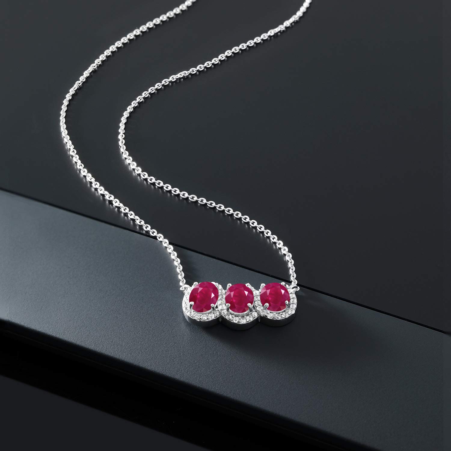 Gem Stone King 925 Sterling Silver Birthstone Necklace for Women | 3 Stone Oval Pendant (7x5mm) with 18