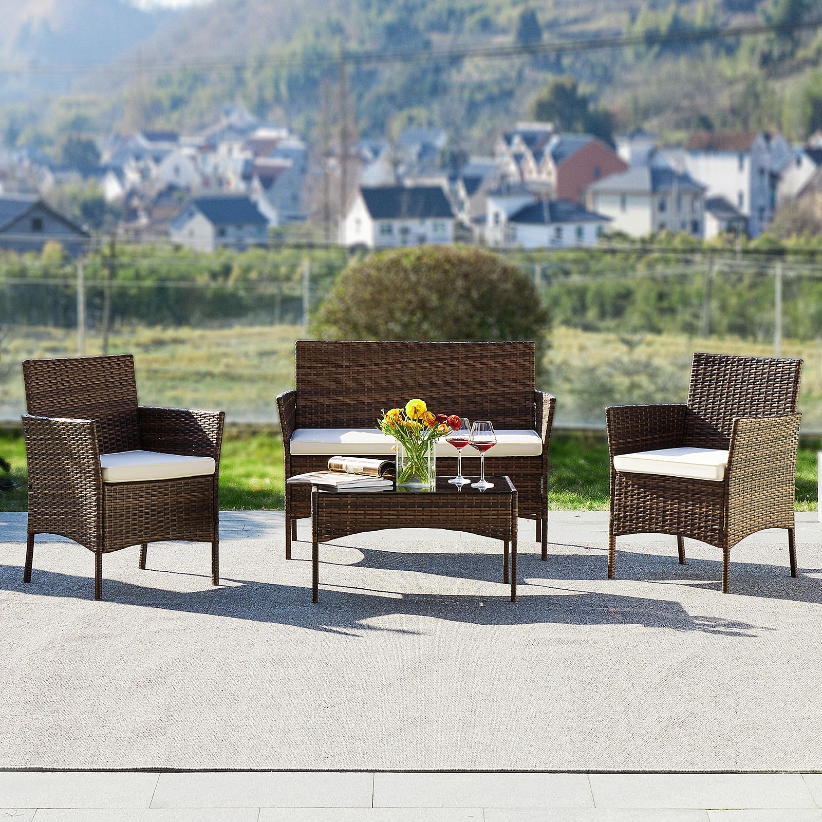 DUMOS 4-Piece Patio Furniture Set - Outdoor Wicker Sofa & Coffee Table - Modern Rattan Conversation Set for Garden, Terrace, Porch, Balcony - Brown & Beige - Perfect for Outdoor Relaxation & Entertaining