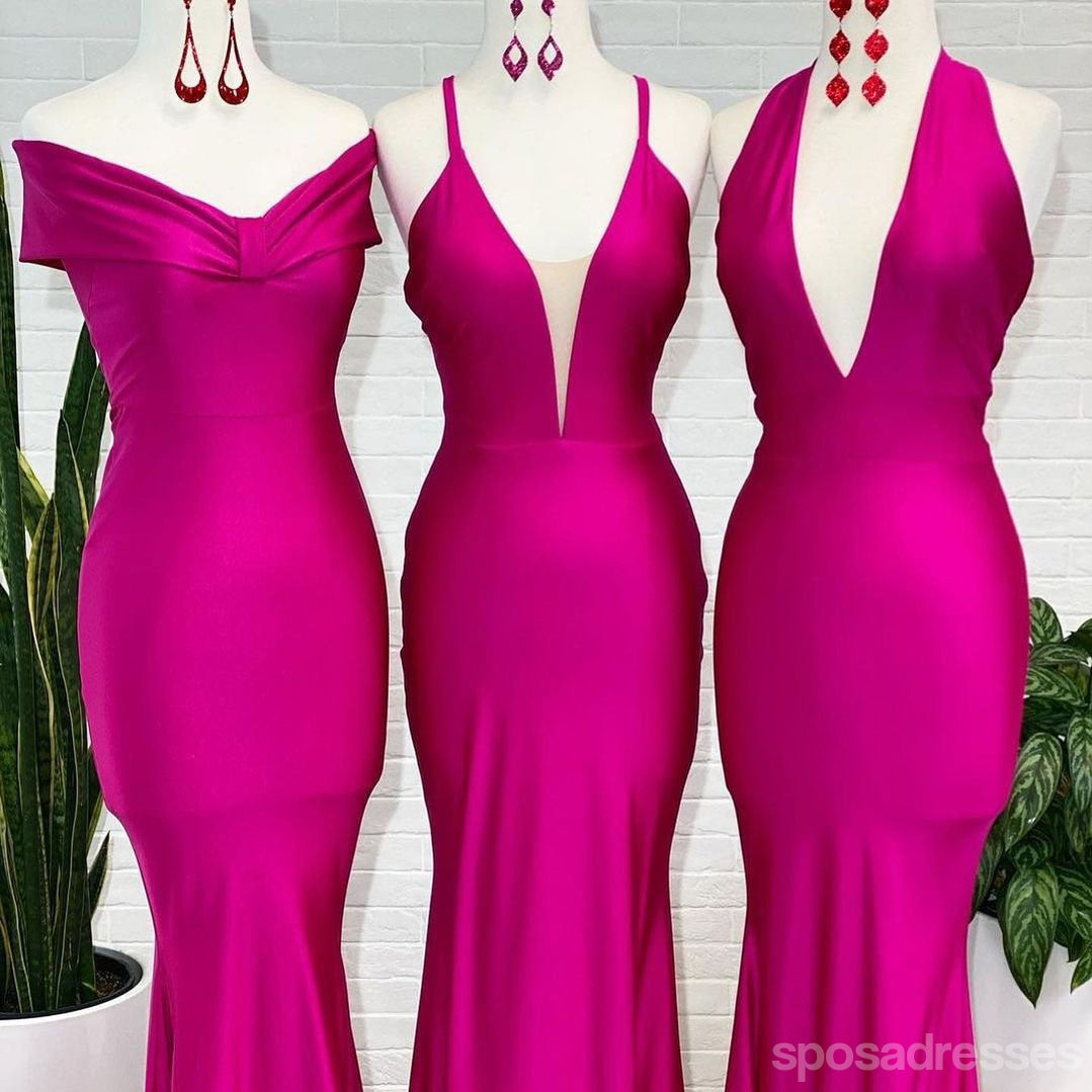 Hot Pink Mermaid Bridesmaid Dress with Mismatched Sleeveless Design - Elegant Long Formal Gown WG1115 | Perfect for Weddings, Proms, and Special Occasions