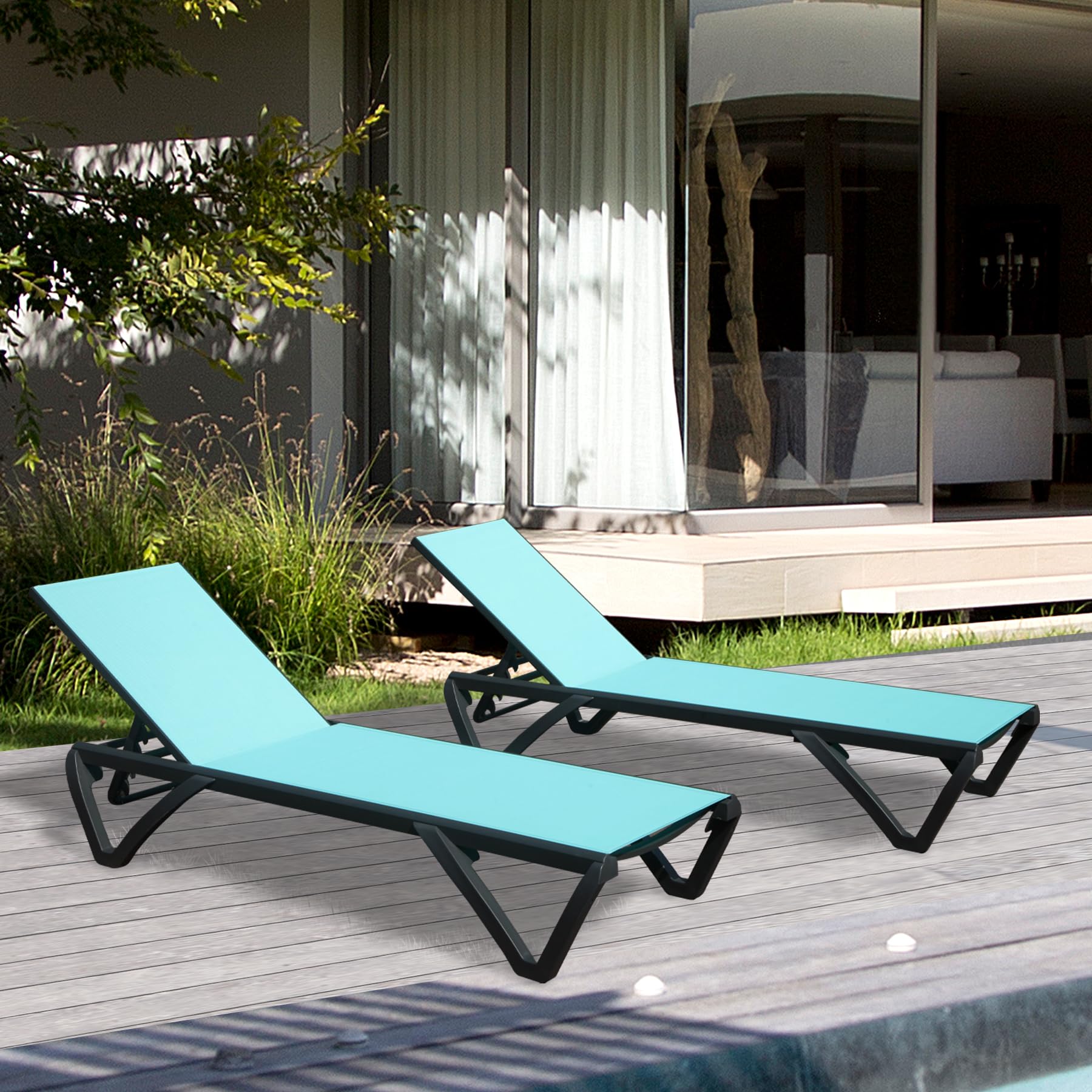 Domi Patio Lounge Chairs Set of 2 - Adjustable Aluminum Pool Chaise Lounges with Wheels for Outdoor Relaxation | Perfect for Poolside, Garden, Beach, Backyard & Patio in Turquoise Blue | Durable & Comfortable Outdoor Furniture for Sunbathing & Lounging