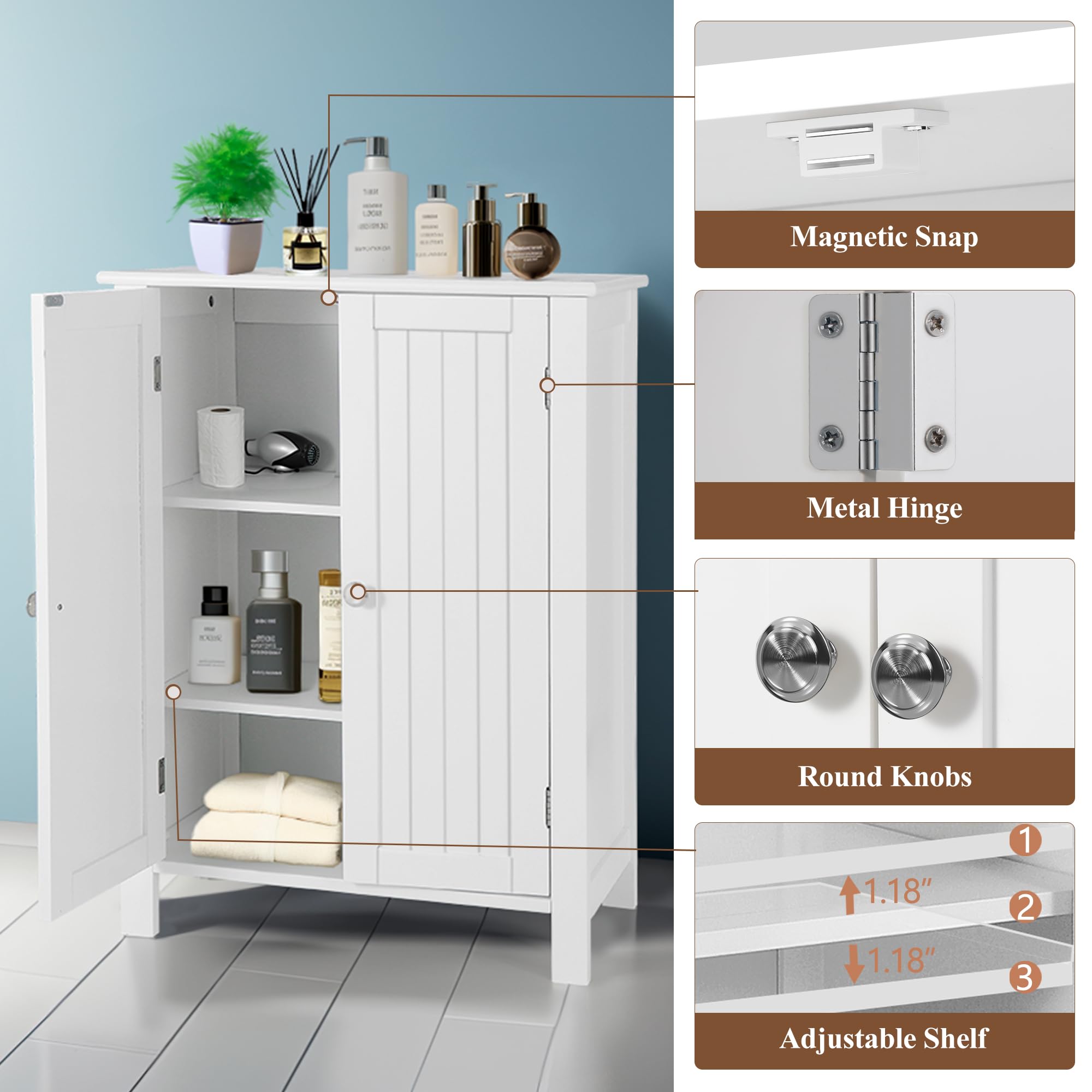 ZENY White Modern Bathroom Floor Storage Cabinet with Double Doors & Adjustable Shelf - Wooden Organizer for Bathroom, Living Room, Bedroom - Space Saving Home Furniture (Perfect for Small Spaces, Apartment Storage & Bathroom Organization)