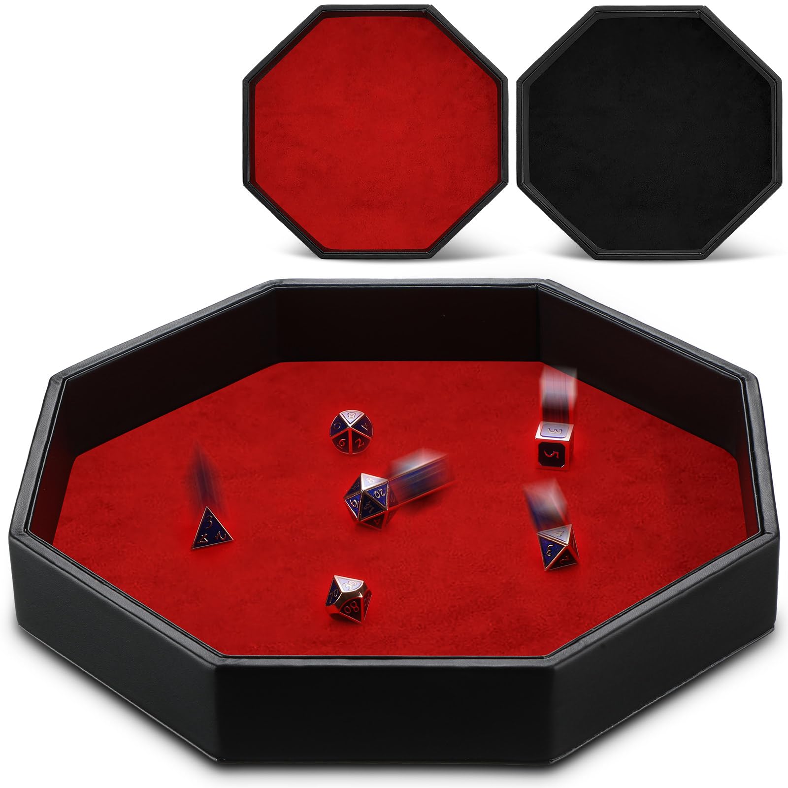 Wenqik 2-Piece Octagon Dice Tray Set - 11.5 Inch PU Leather Dice Mat with Velvet Lining for RPG, Farkle & Tabletop Games - Perfect for Game Nights, Christmas Parties & Holiday Gatherings (Black & Red)