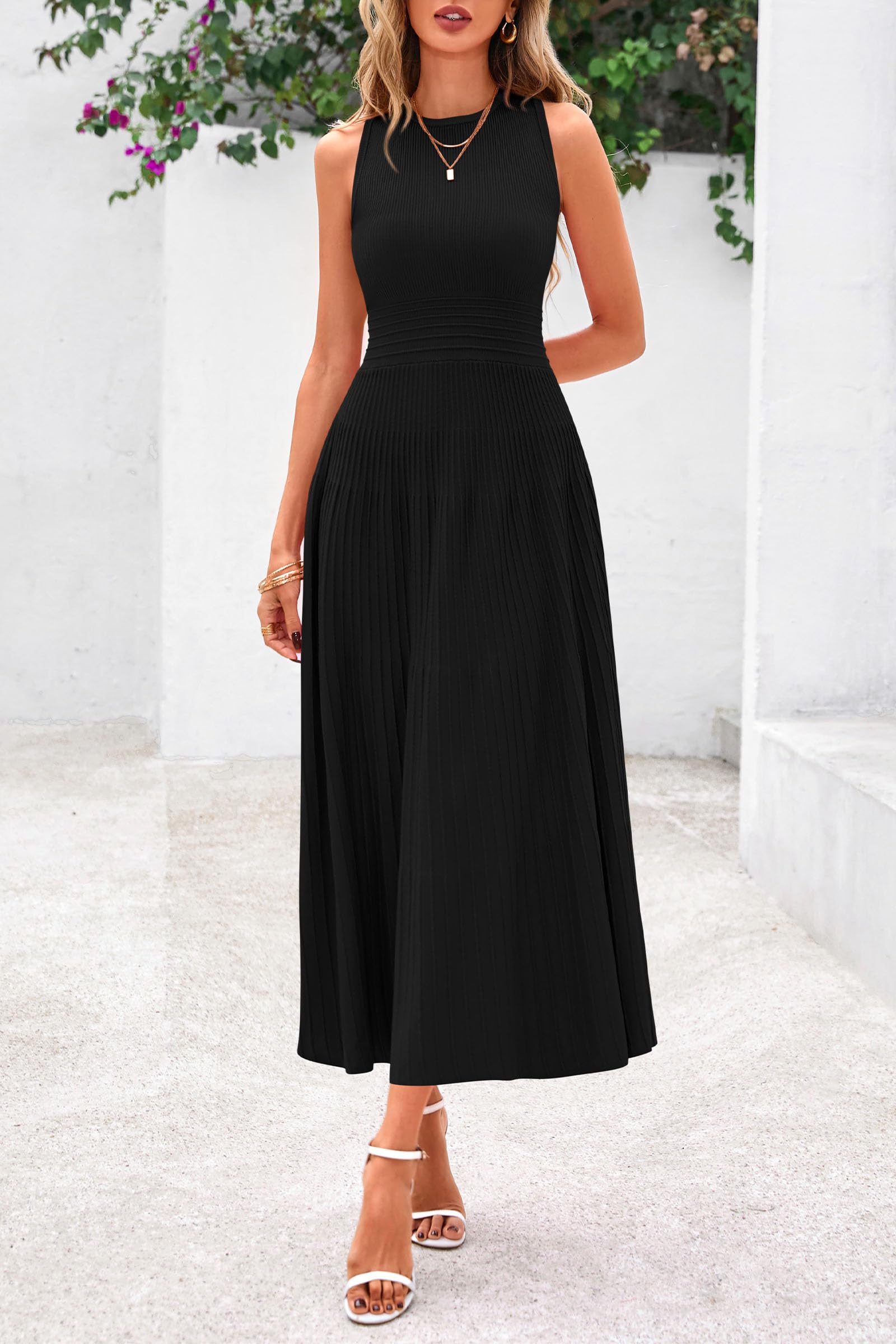 PRETTYGARDEN Women's Spring Summer Casual Business Dress 2025 - Sleeveless A-Line Pleated Midi Cocktail Dress for Work, Office & Party Wear | Perfect for Business Meetings, Cocktail Events & Summer Outings