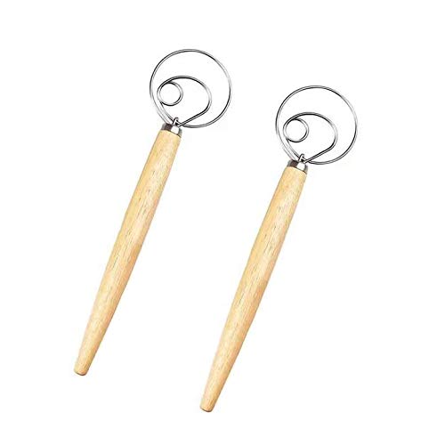 2-Pack Stainless Steel Dough Whisk Mixer with Wooden Handle - Perfect for Bread Making, Pizza Dough, Cookie Mixing & Baking Tools - Ideal for Home Bakers & Professional Kitchens
