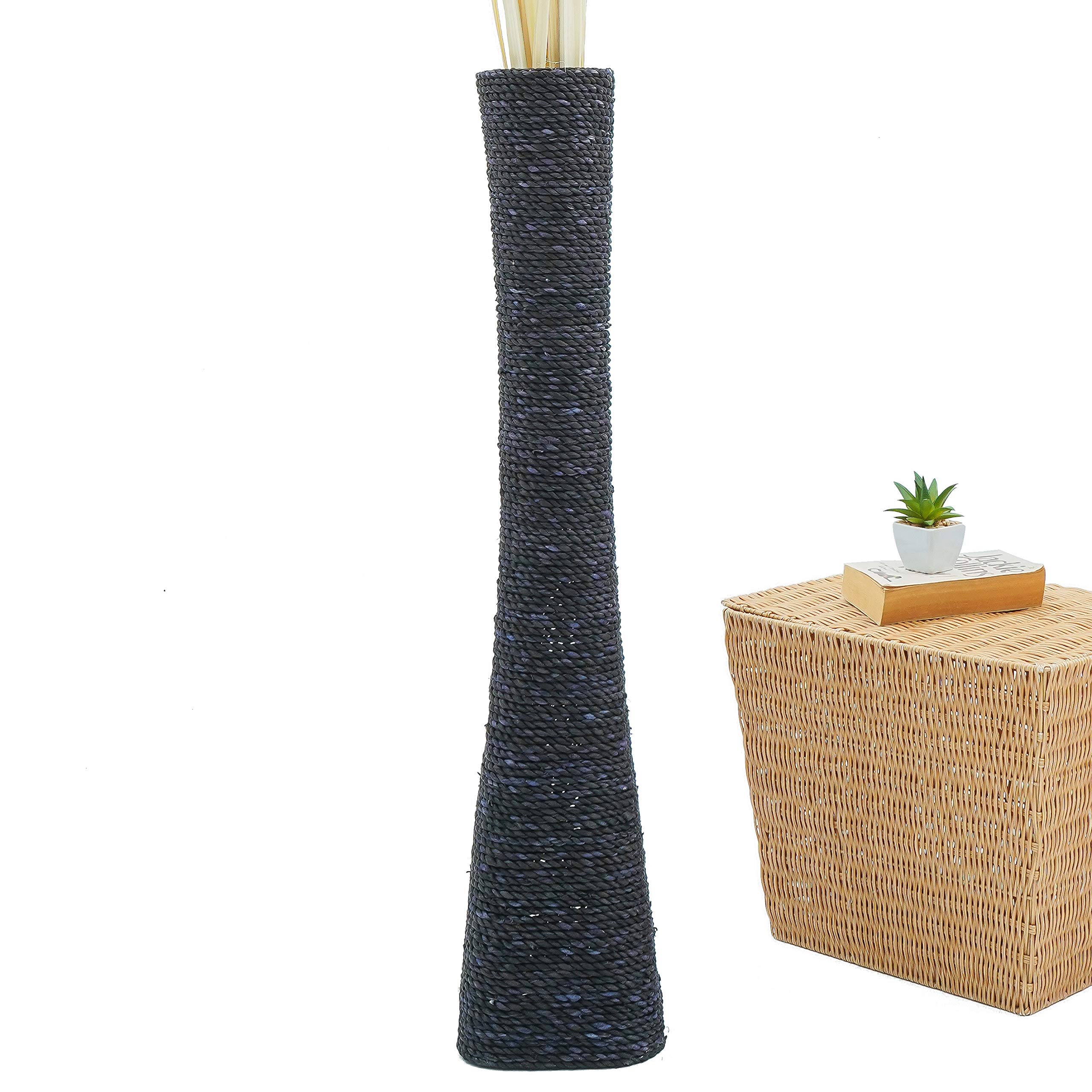 Leewadee 36-inch Large Black Floor Vase - Handmade Bamboo & Bast Flower Holder, Elegant Funnel Vessel for Decorative Branches - Perfect for Living Room Decor, Wedding Centerpieces & Boho Home Styling