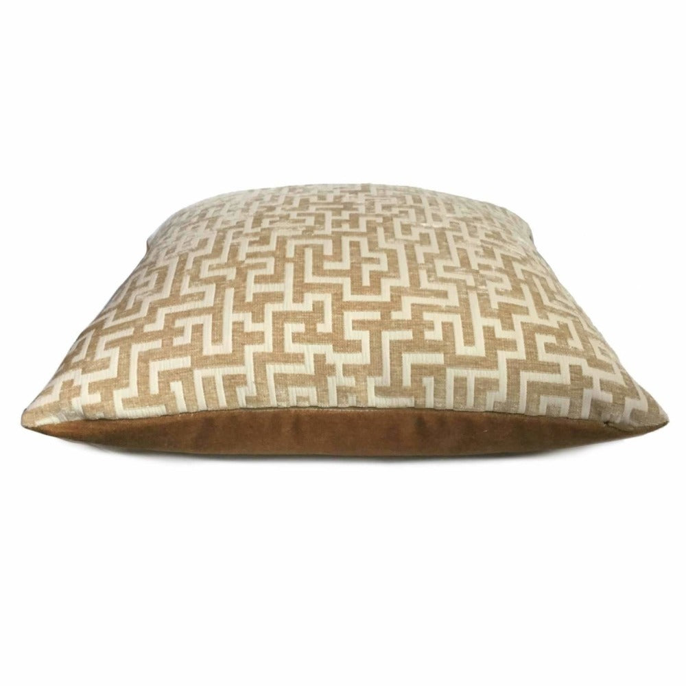 Golden Brown Cream Greek Key Geometric Chenille Pillow Cover - Soft Decorative Throw Pillow Case for Sofa, Bed, Couch - Home Decor Accent for Living Room, Bedroom, Office