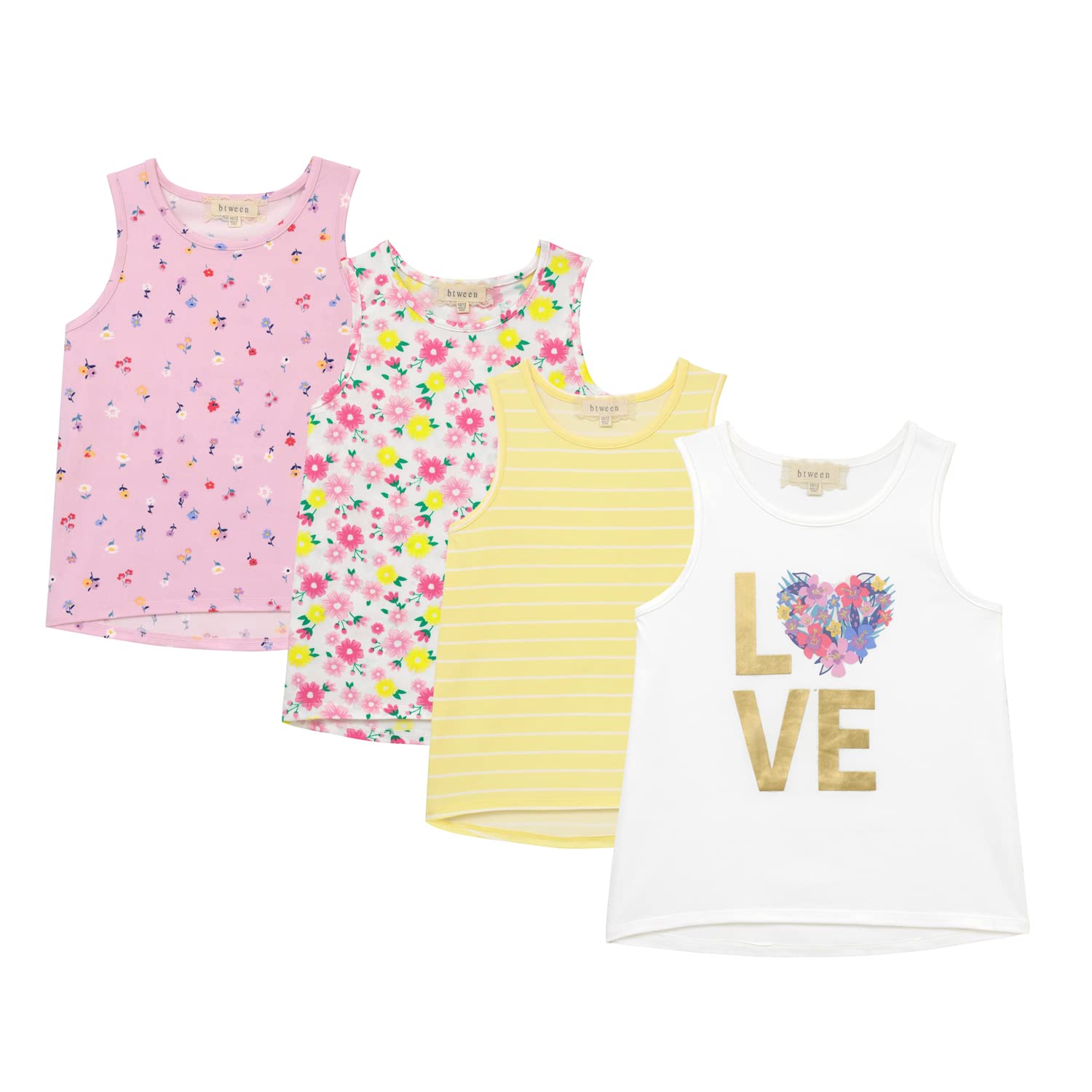 BTween Girls 4-Pack Cotton Blend Summer Tank Tops - Fashionable Mixed Colors Outfits for Playdates, Beach Trips & Summer Vacations