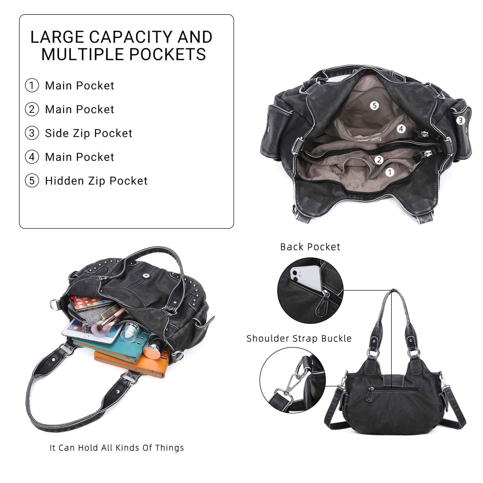 Angel Kiss Vegan Leather Hobo Bags for Women - Stylish Shoulder & Crossbody Handbags with Metal Studs | Perfect for Work, Travel & Everyday Use
