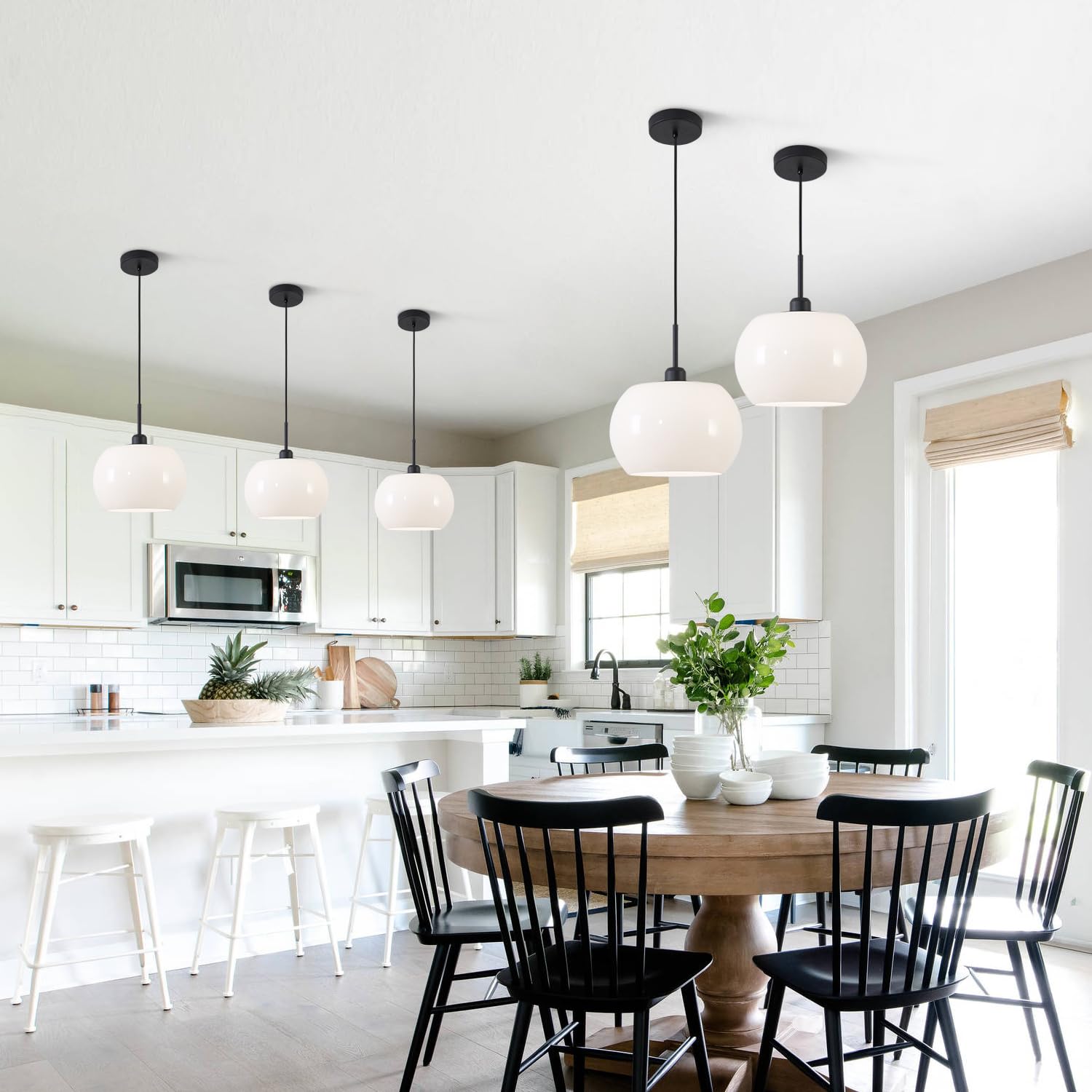 Modern Large Globe Pendant Light - Black & White Dome Glass Hanging Fixture for Kitchen Island, Dining Room & Farmhouse Decor | Mid Century Style Ceiling Lamp for Home & Restaurant Lighting