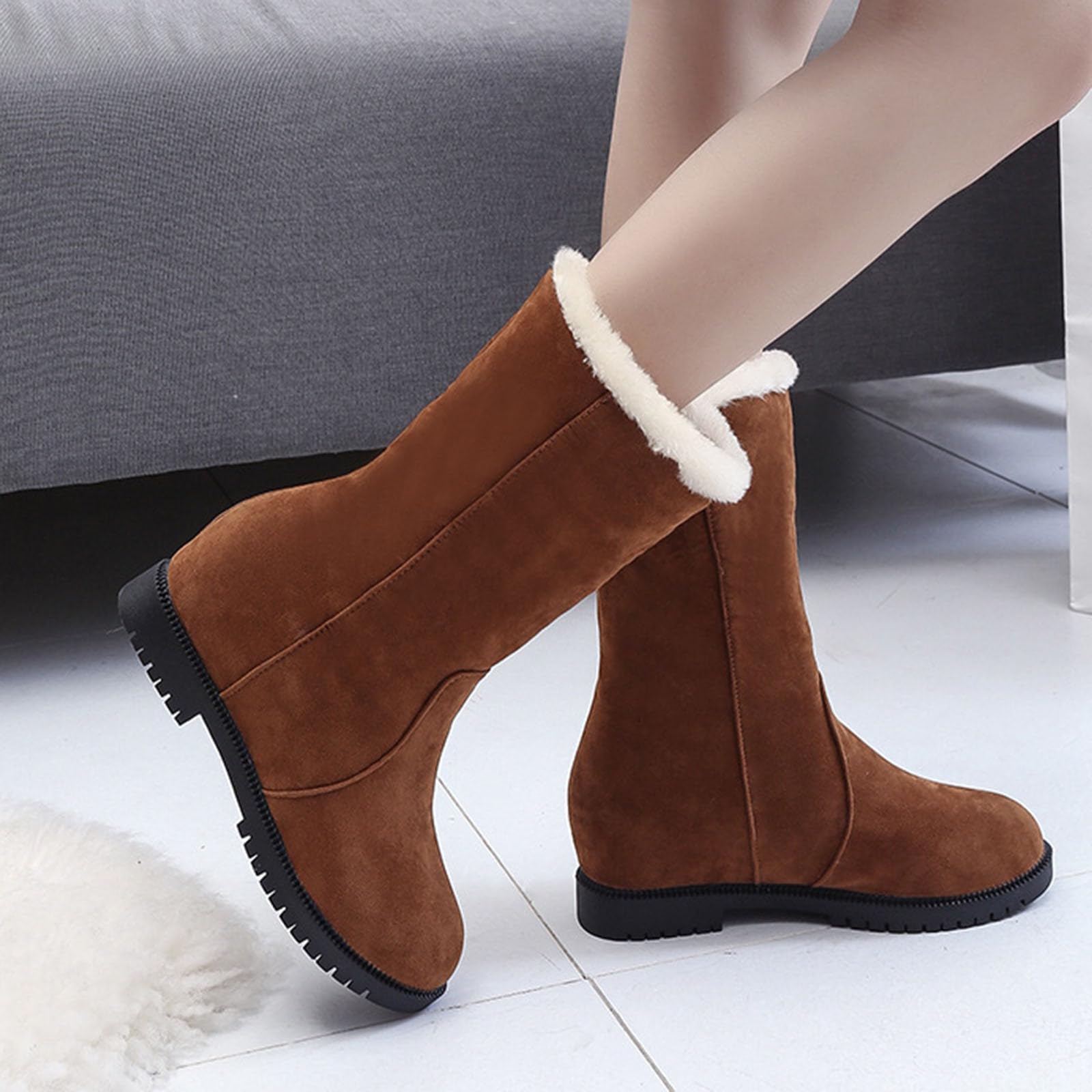 Qeaghou Women's Winter Snow Boots - Warm Suede Faux Fur Lined Mid Calf Boots with Comfortable Platform, Waterproof Outdoor Shoes for Snowy Days & Cold Weather