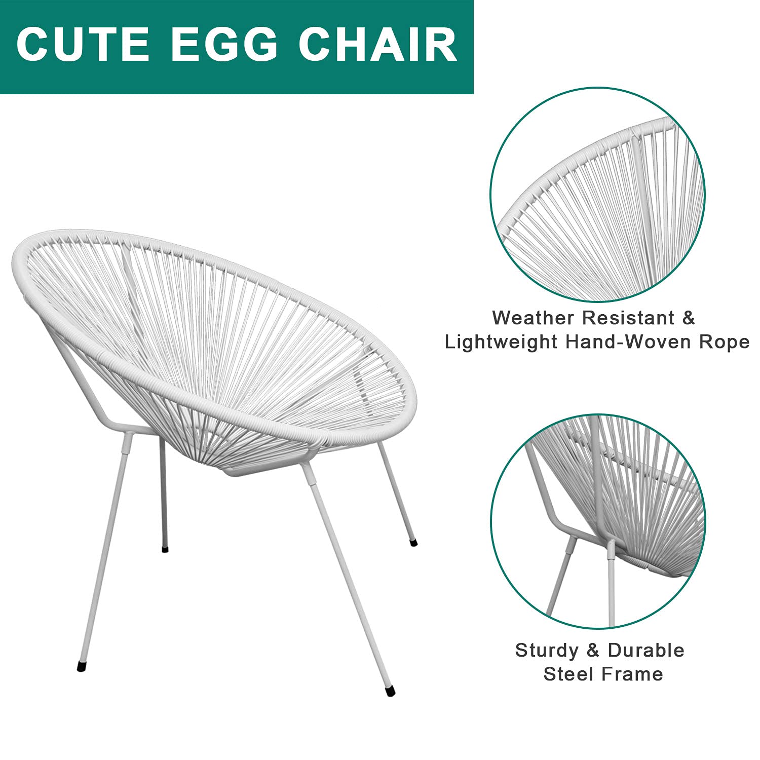 3-Piece Acapulco Chair Set - All-Weather Wicker Patio Furniture with 2 Plastic Rope Chairs & Glass Top Table - Modern Outdoor Seating for Garden, Poolside, Balcony & Backyard (White) - Perfect for Relaxing, Entertaining & Sunbathing