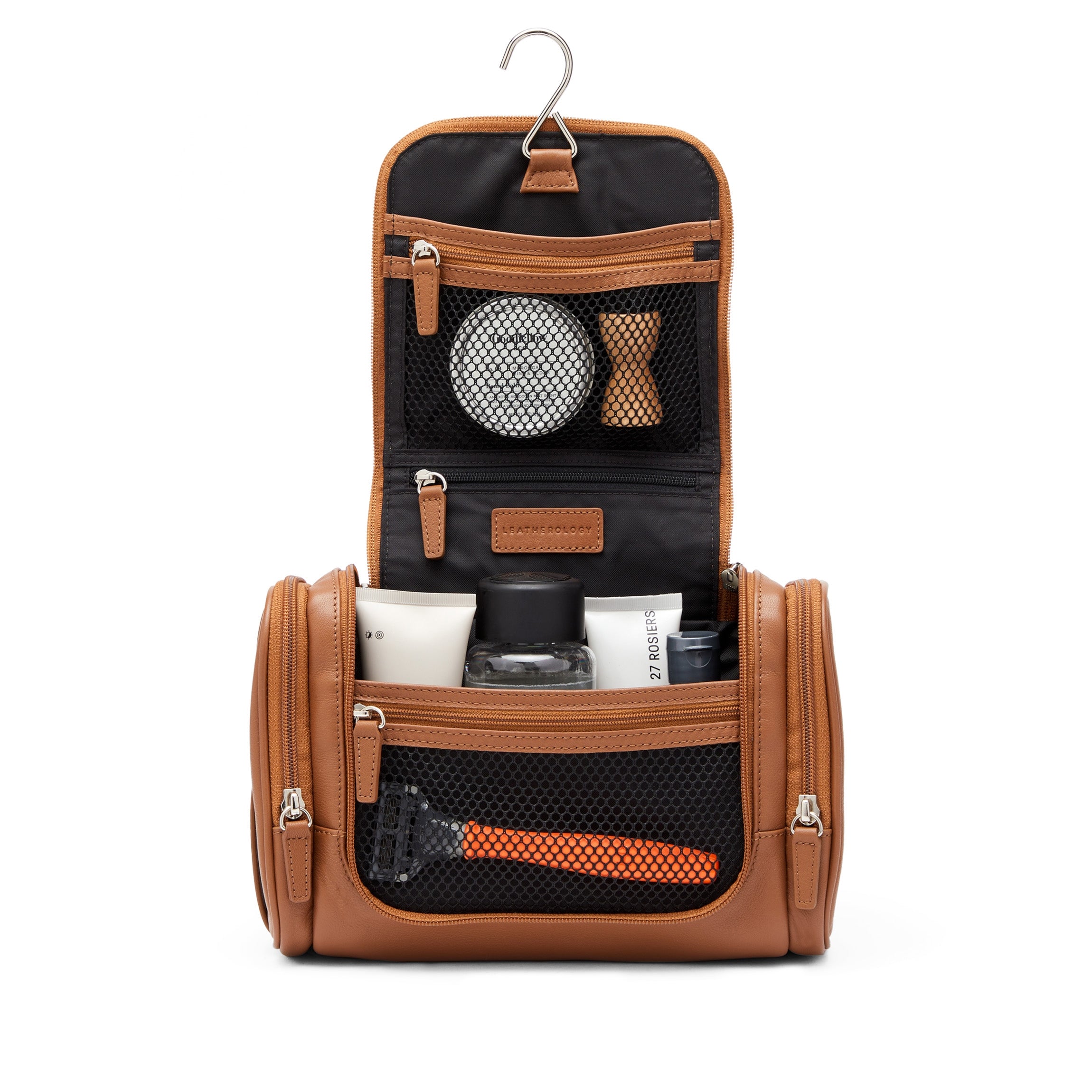 Premium Leather Hanging Toiletry Bag for Travel - Cognac Brown Organizer with Multiple Pockets | Perfect for Camping, Gym & Business Trips