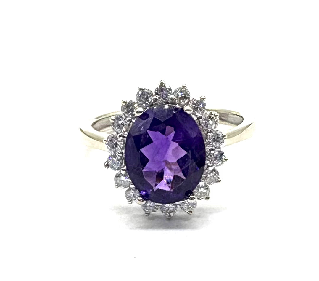 14K Gold Amethyst and Diamond Halo Ring for Women – Elegant Purple Gemstone Engagement & Wedding Jewelry Gift – Perfect for Valentine's Day, Anniversary & Special Occasions