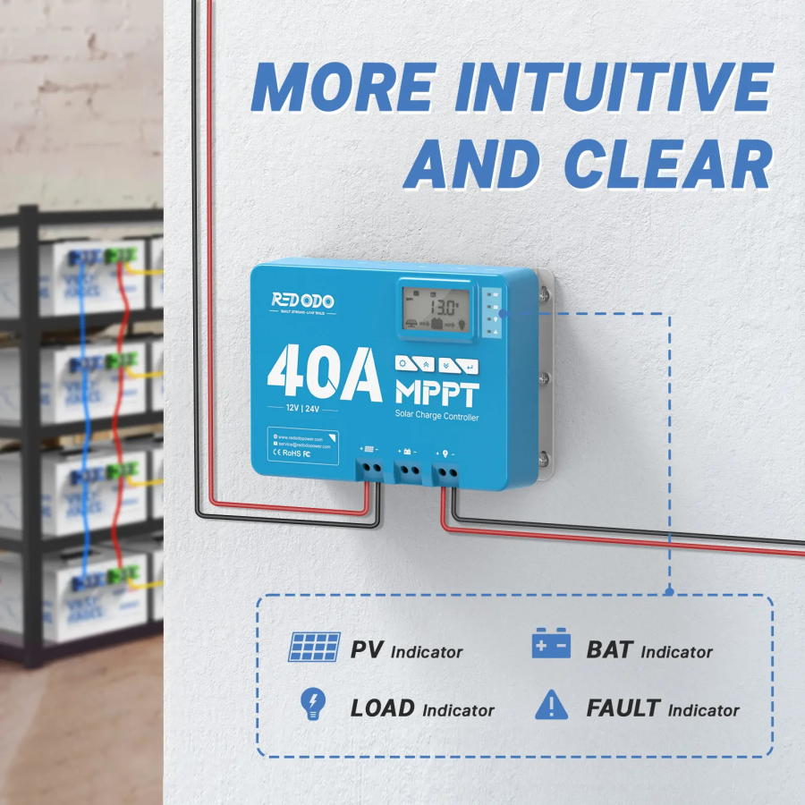 Redodo 12V/24V 40A MPPT Solar Charge Controller - Efficient Solar Panel Regulator for RV, Boat, Off-Grid Power System | Weatherproof & LCD Display