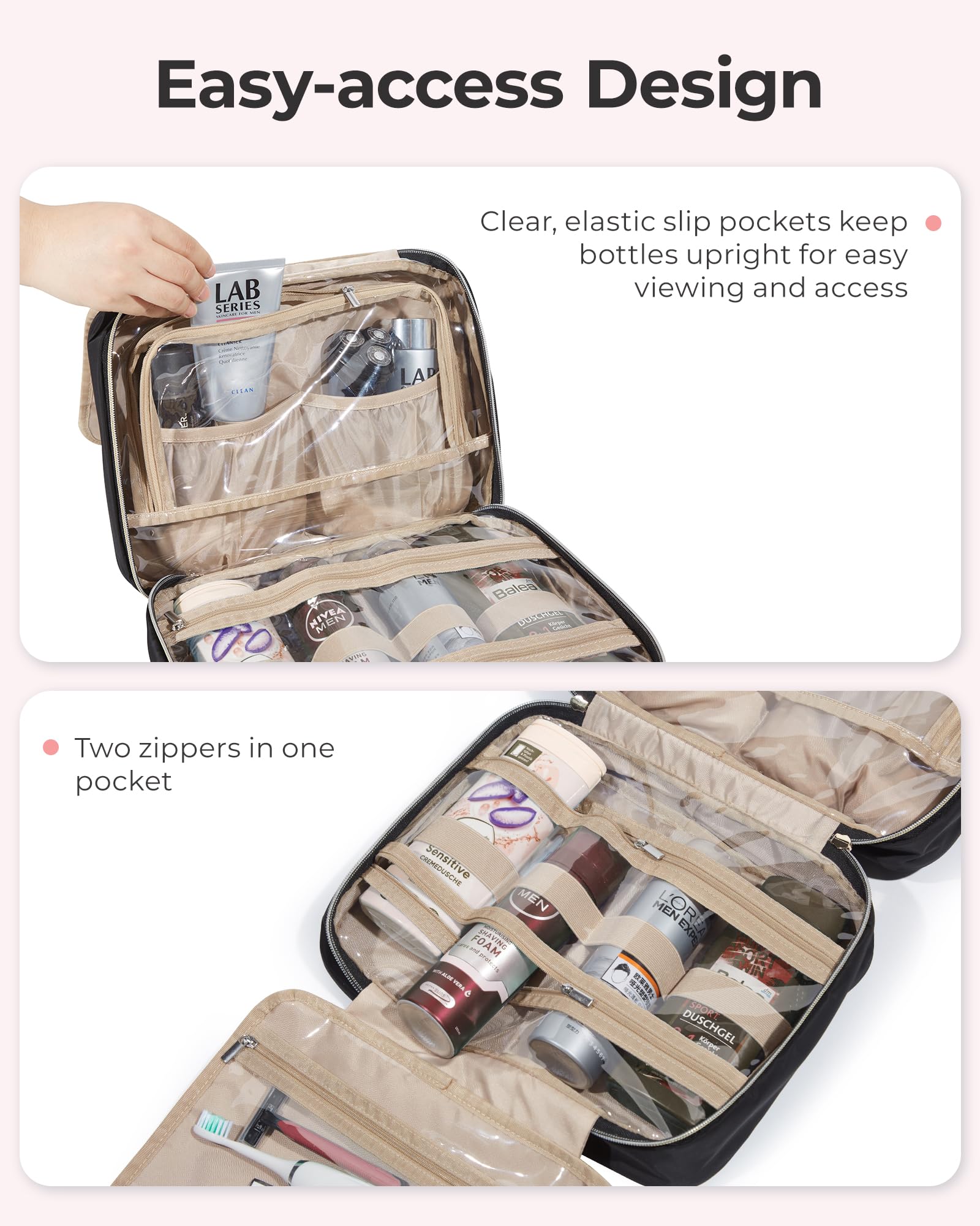 BAGSMART Hanging Travel Toiletry Bag with Jewelry Organizer - Waterproof Makeup Cosmetic Bag for Women & Men - Perfect Carry-on Toiletry Organizer for Airplane, Camping, Gym & Business Trips - Black