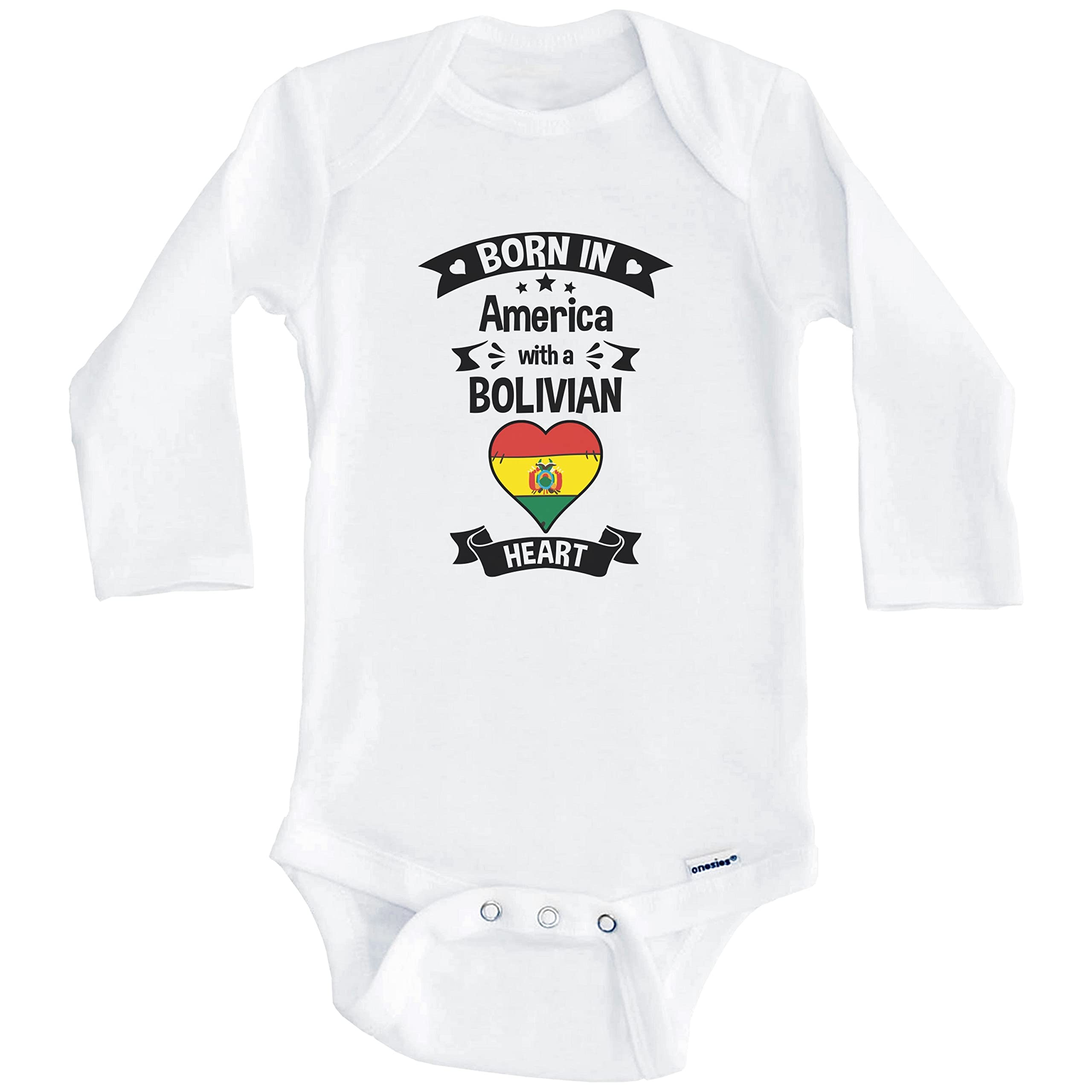 Born in America with A Bolivian Heart Baby Bodysuit - Long Sleeve One Piece Outfit for Newborns & Infants | Perfect for Family Photos, Holidays & Cultural Celebrations