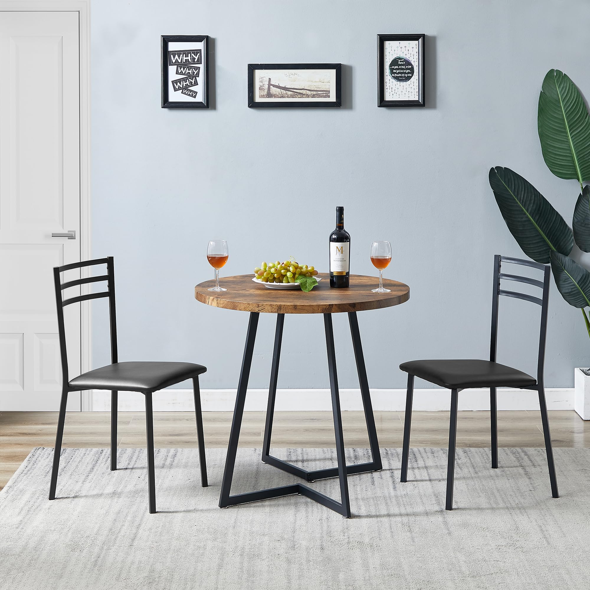 VECELO 3-Piece Round Kitchen Table Set with 2 Upholstered Chairs - Solid Wood Dining Table with Steel Frame for Breakfast Nook, Small Space & Apartment - Antique Brown Finish - Perfect for Family Meals, Coffee Time & Compact Dining Areas