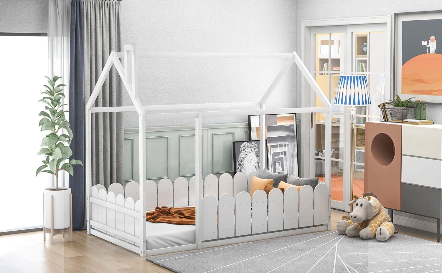 Twin Size House Bed Frame with Roof & Fence for Kids - White Wooden Canopy Bed (78.7