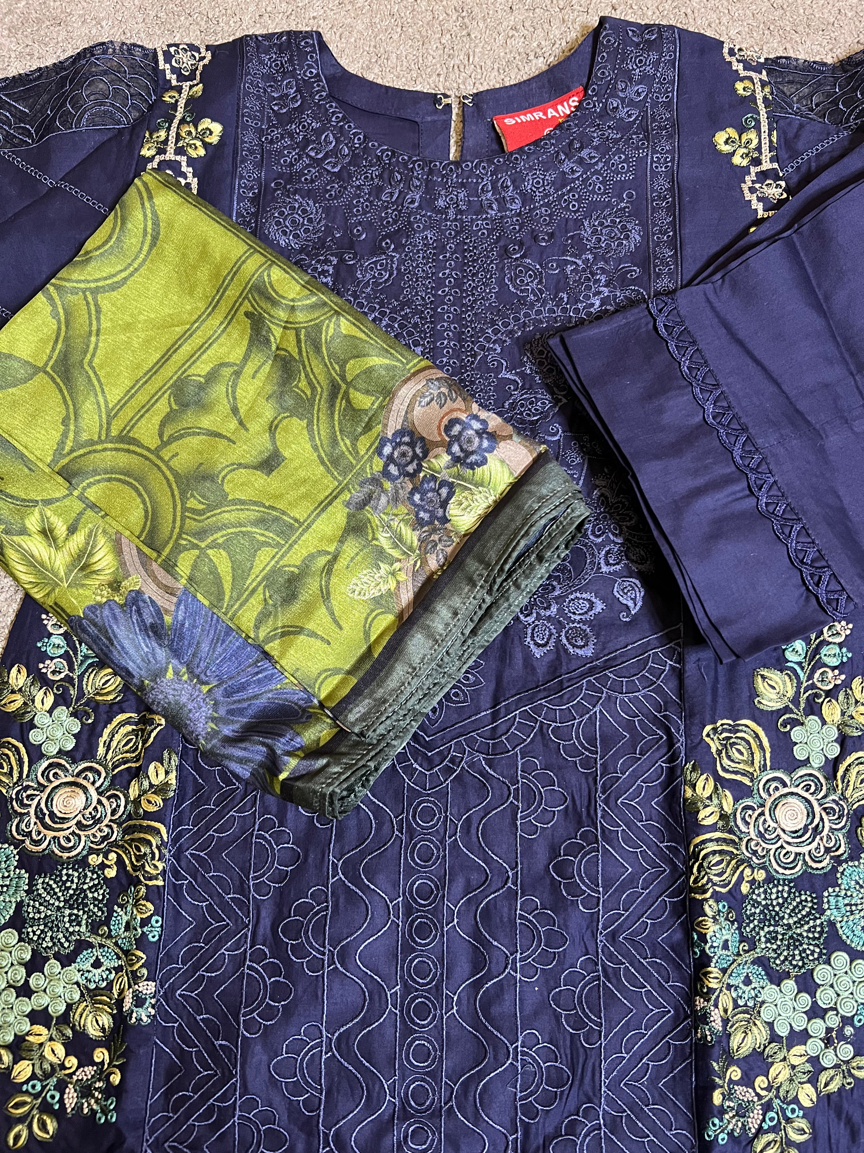Maria B Inspired Kids Embroidered Navy 3 Piece Outfit With Silk Dupatta - Elegant Pakistani Party Wear for Girls, Perfect for Weddings, Eid & Special Occasions