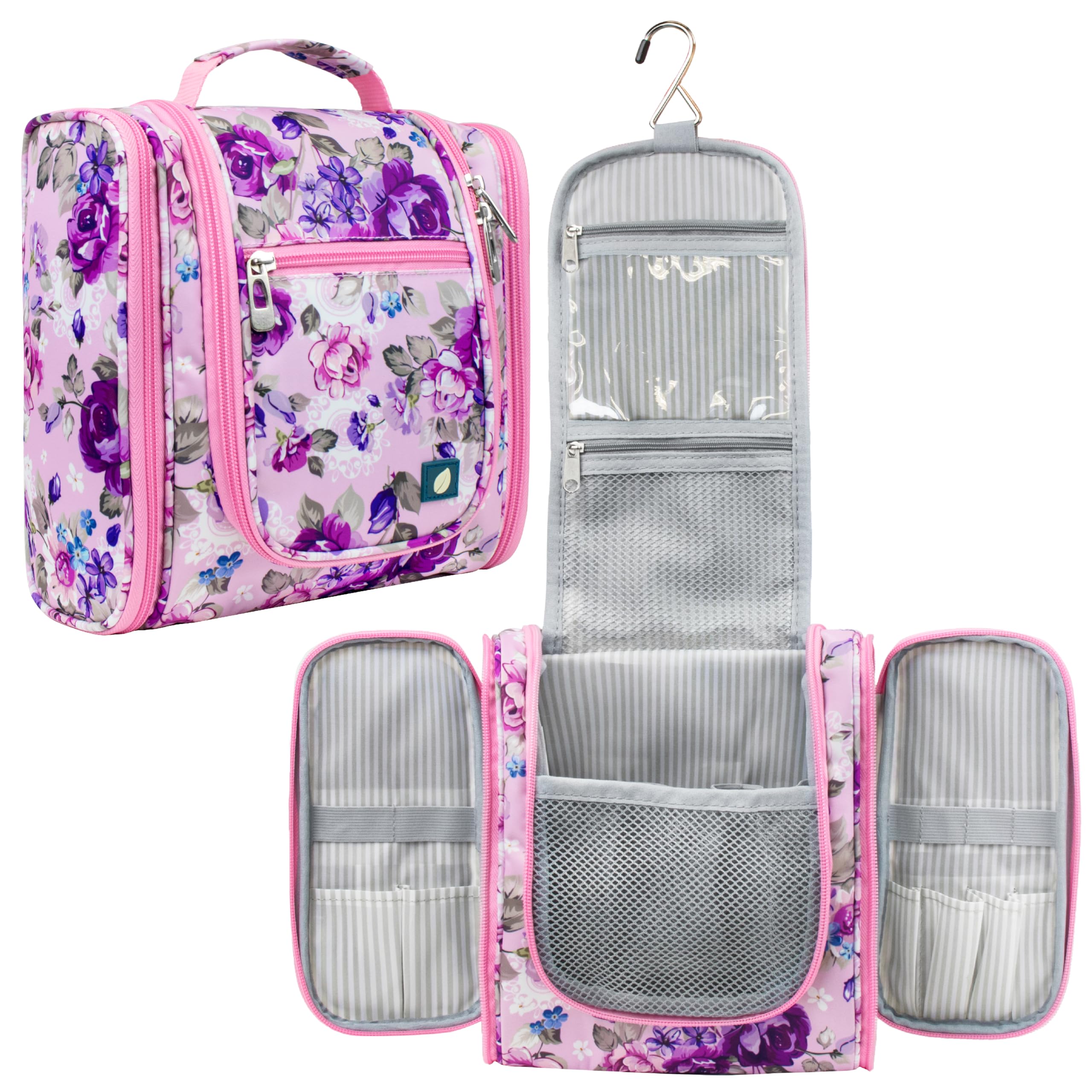 PAVILIA Hanging Toiletry Bag for Women & Men - Waterproof Travel Cosmetic Organizer with Multiple Pockets, Large Makeup Bag for Toiletries & Accessories (Floral Pink) - Perfect for Travel, Camping & Gym Essentials