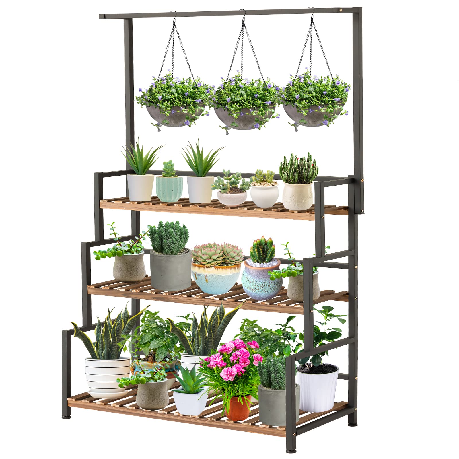 ULIKE 3-Tier Tall Wood & Metal Plant Stand for Indoor & Outdoor Use - Hanging Shelf for Multiple Plants - Perfect for Patio, Garden, Balcony, Living Room & Office Decor