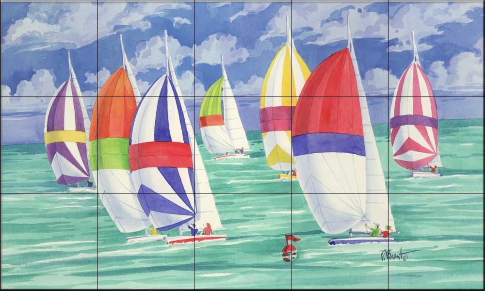 Ceramic Backsplash Tile Mural - Nautical Sailing Ship & Lighthouse Design for Kitchen, Bathroom & Shower - Spinnaker 3 by Paul Brent - Perfect for Coastal, Beach & Nautical Theme Home Decor