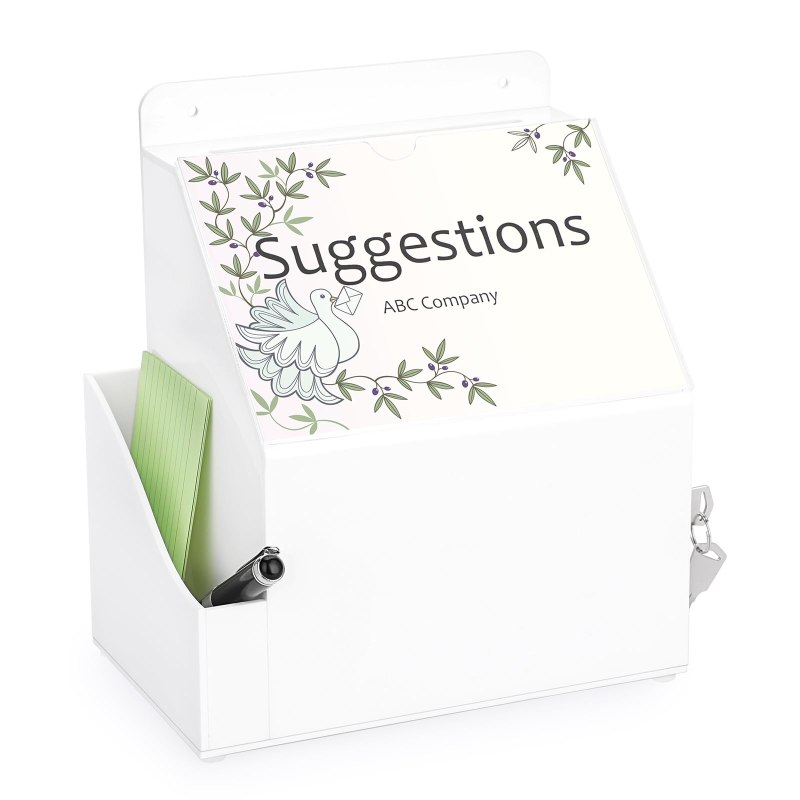 BTSKY Locking Acrylic Suggestion Box - Wall Mounted Donation Box with 5x7 Inch Sign Slot, Secure Office Ballot Box & Locking Mailbox with Side Pocket (White) - Perfect for Offices, Schools, Restaurants & Public Spaces
