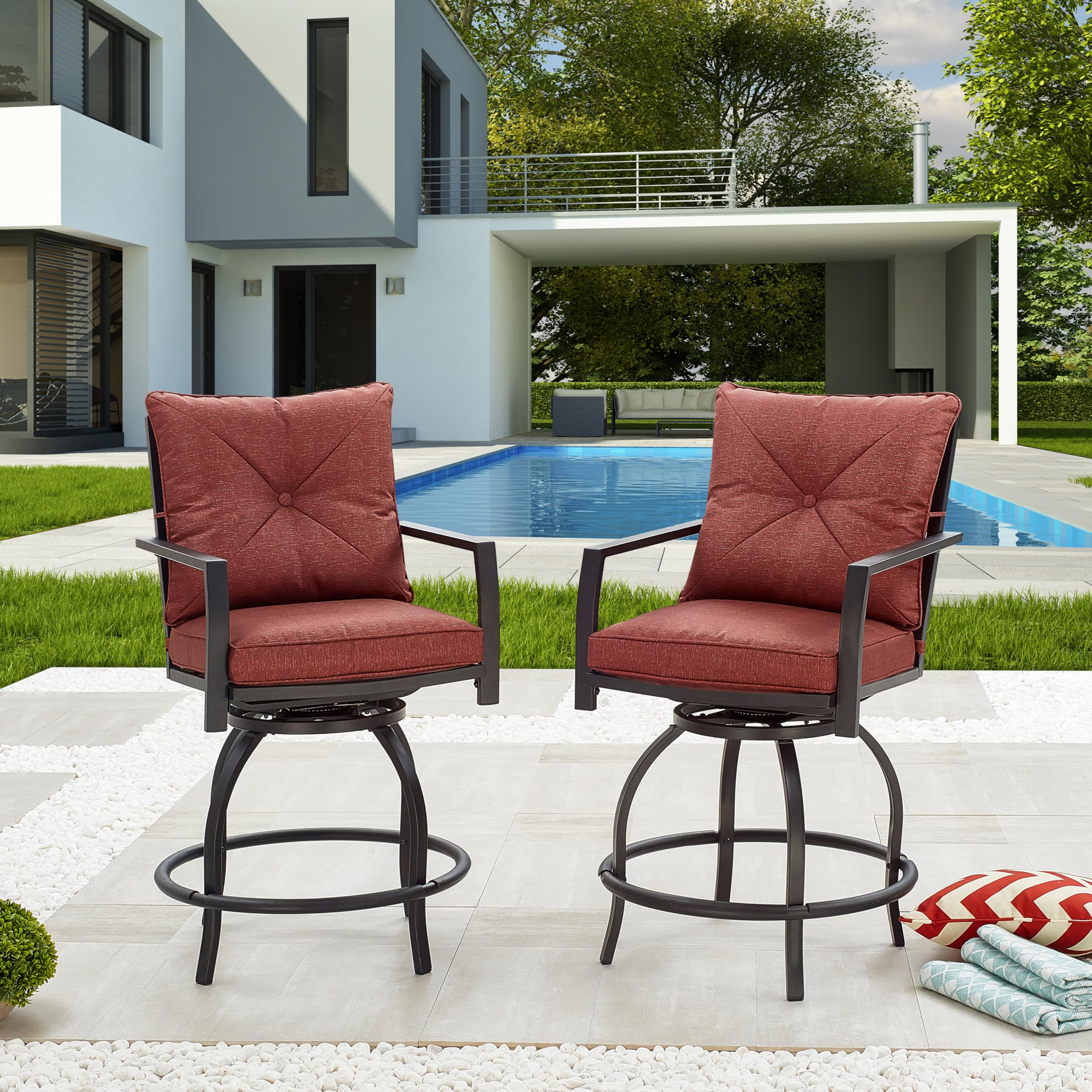 LOKATSE HOME 2-Pack Swivel Bar Stools for Patio, Outdoor, Kitchen & Bar - Adjustable Height, Durable & Comfortable - Perfect for Backyard, Deck, Poolside & Dining Areas (Red)