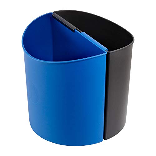 13 Qt. / 3 Gallon / 11 Liter Dual Compartment Round Recycling Bin - Black & Blue Waste Basket with Trash Bags Included | Home, Office, Kitchen, Commercial Use Trash Can for Recycling & Waste Disposal