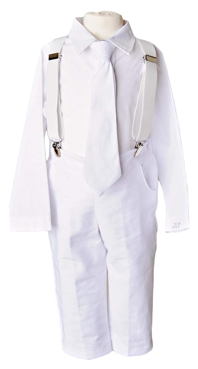 Baby Boys Christening Outfit Set - 4 Piece Formal Suspender Suit for Baptism, Church & Special Occasions