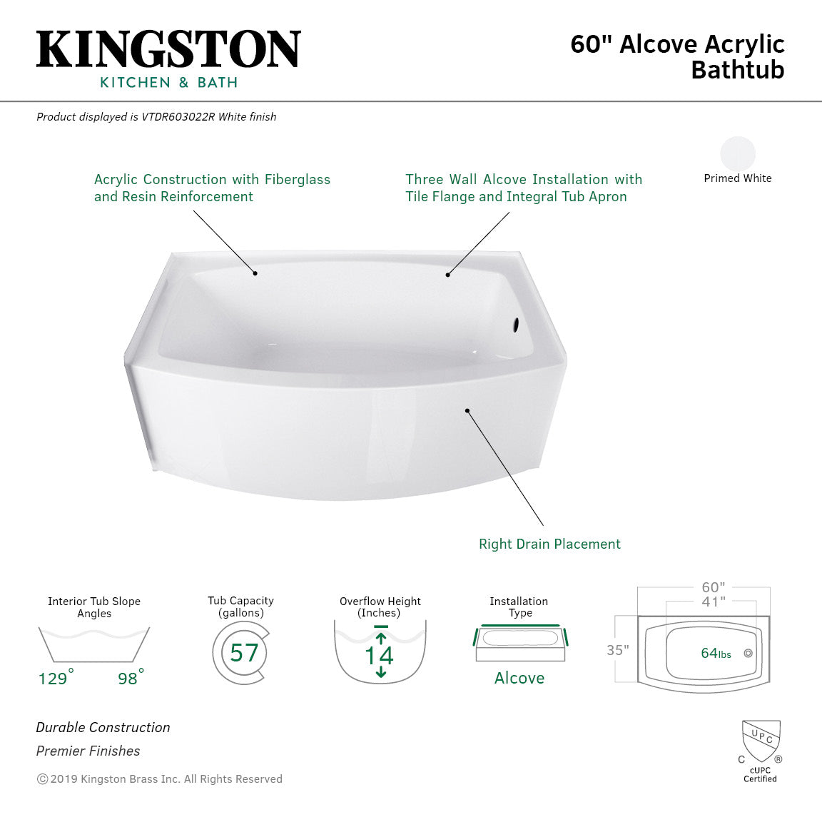 Aqua Eden VTDR603022R 60 Inch Acrylic Rectangular 3 Wall Alcove Bathtub - Right Hand Drain Hole, Glossy White Finish for Modern Bathroom Renovation & Spa-Like Relaxation