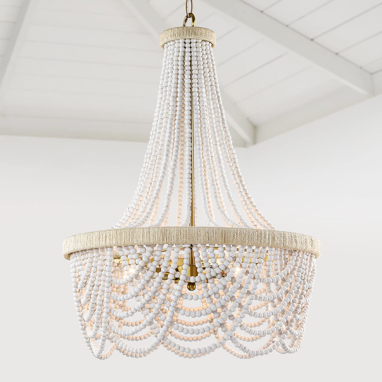 3-Light Beaded Chandelier - French Empire Style Boho Farmhouse Lighting Fixture with Distressed White & Brass Gold Finish for Dining Room, Bedroom, Hallway & Living Room - Perfect for Vintage Home Decor & Romantic Ambiance