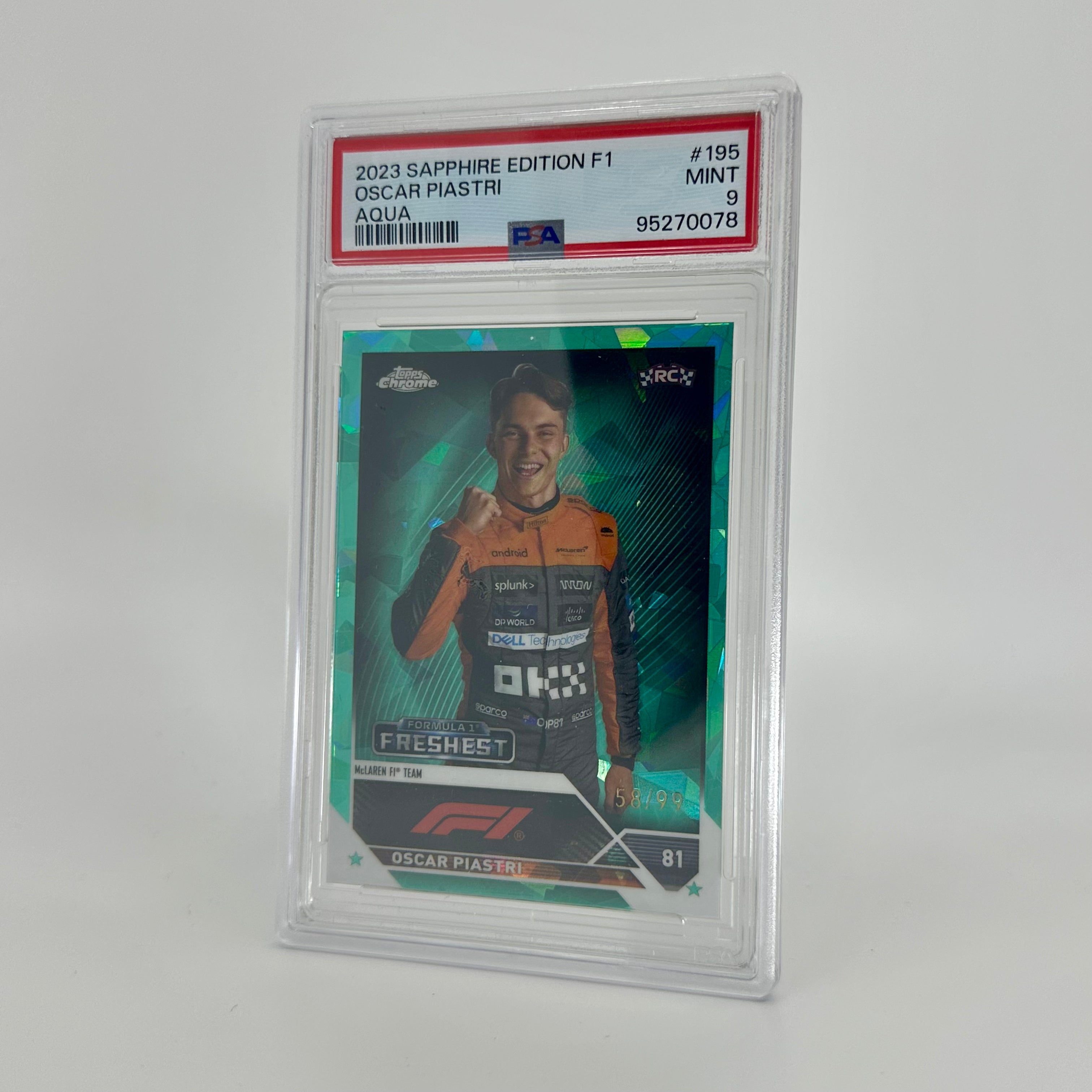2023 Topps Chrome F1 Oscar Piastri #195 PSA 9 Rookie Card - 58/99 Aqua Sapphire Edition | Collectible Racing Memorabilia for F1 Fans & Card Collectors
