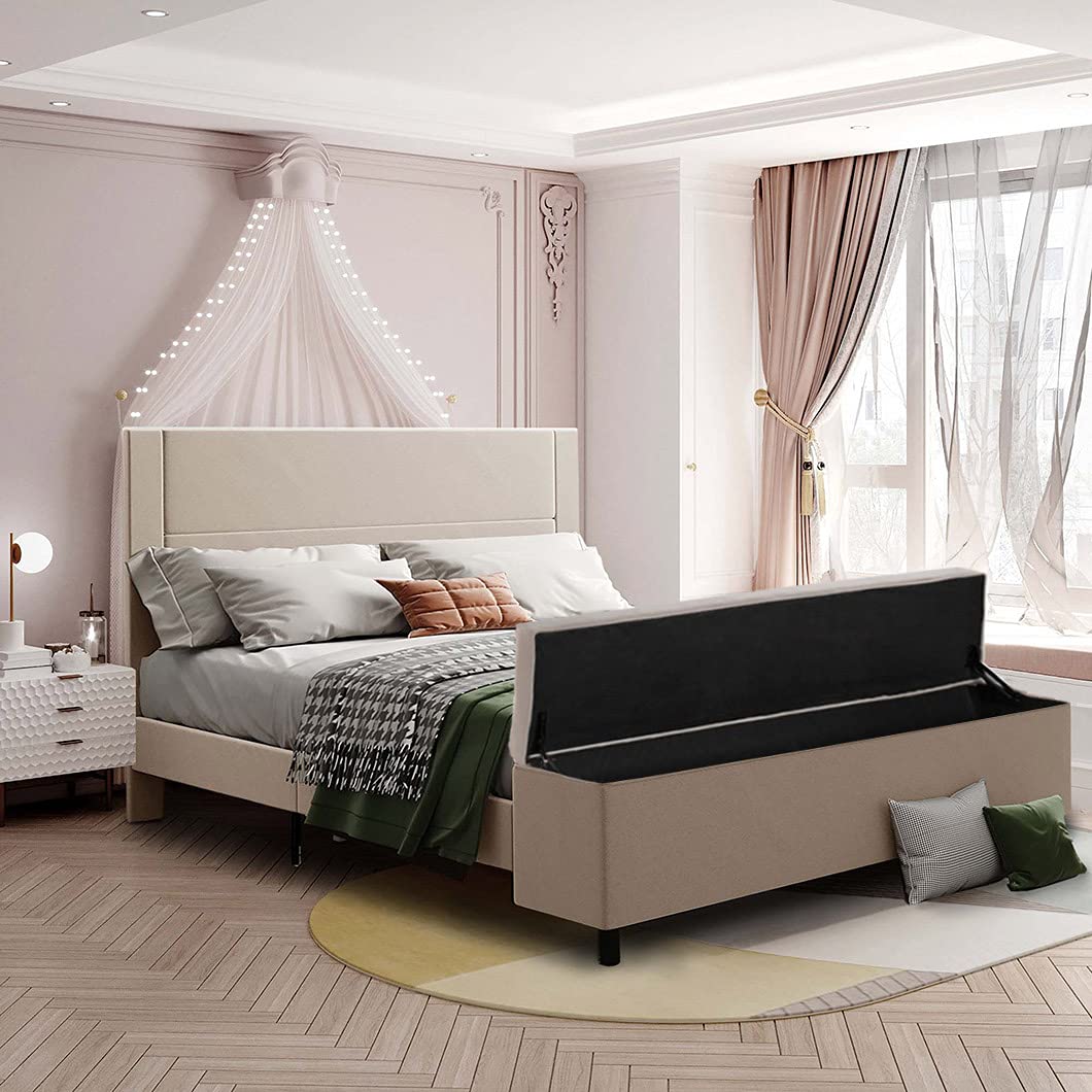 Velvet Queen Bed Frame with Headboard & Storage - No Box Spring Needed for Bedroom Comfort
