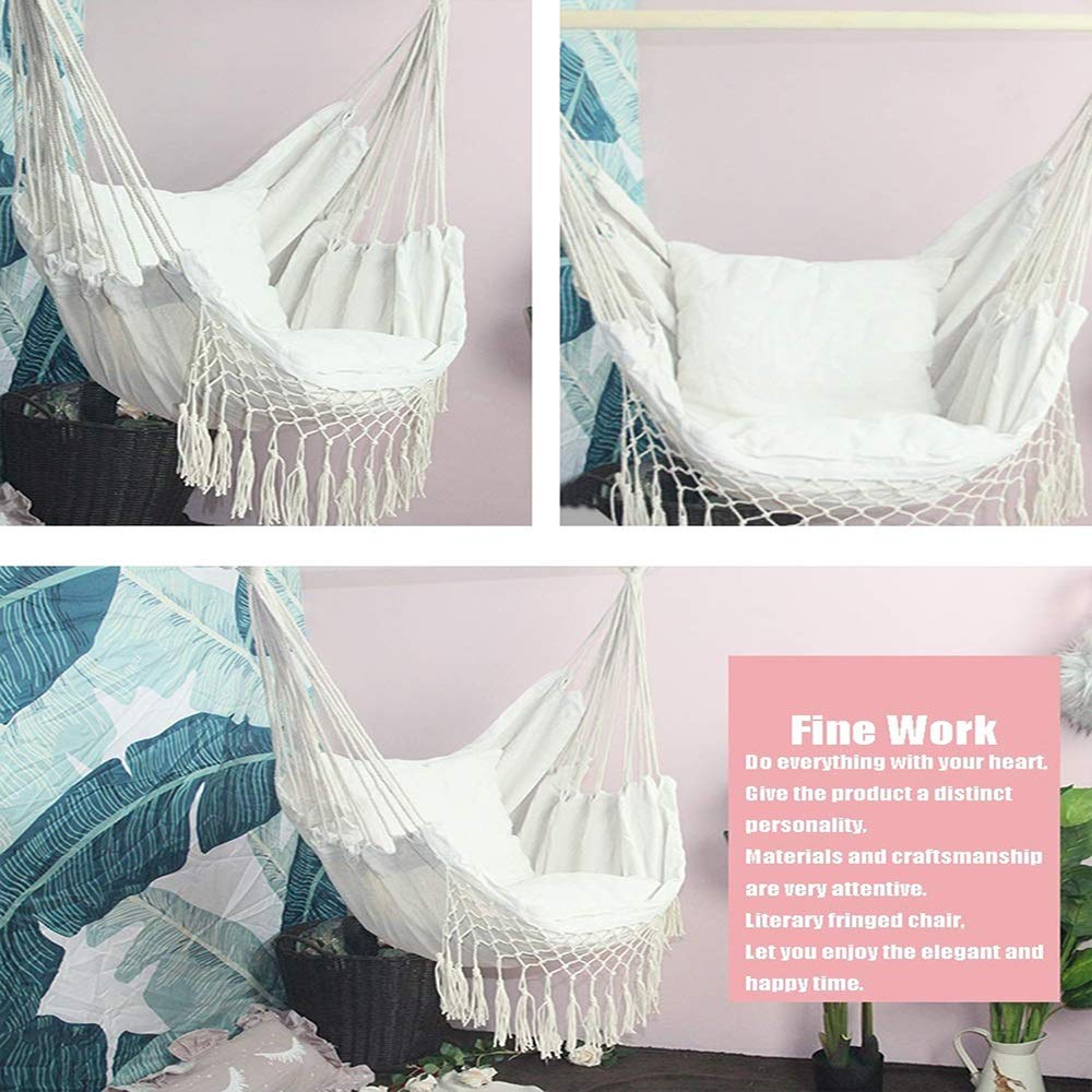 Premium Hanging Rope Hammock Chair Swing - Large Brazilian-Style Net Chair with 2 Seat Cushions (Creamy-White) - Perfect for Indoor & Outdoor Relaxation in Bedroom, Patio, Yard, or Porch