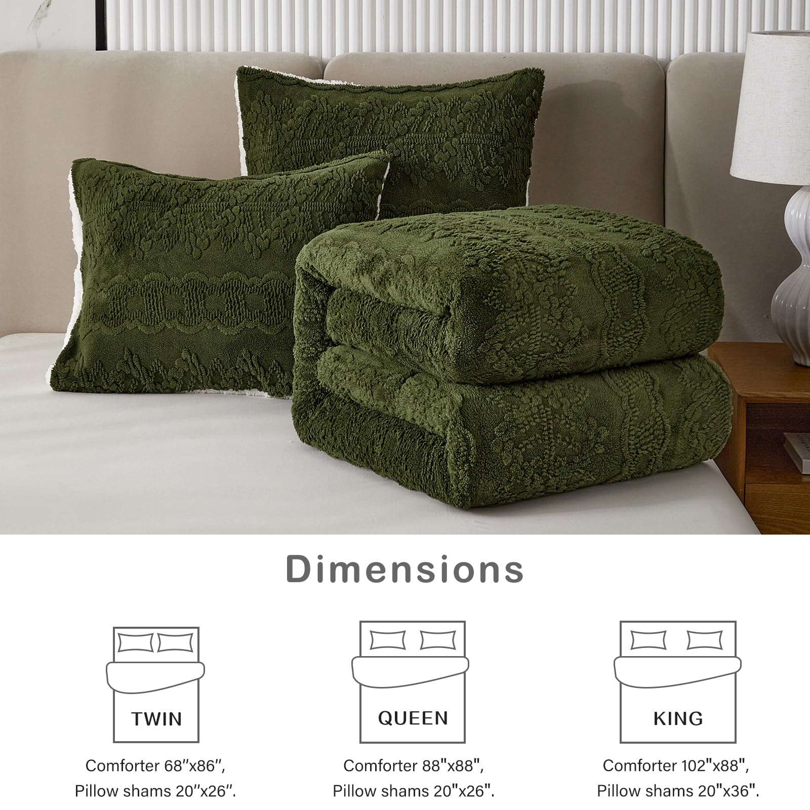 Luxury Flannel Fleece Sherpa King Size Comforter Set - Jacquard Boho Stripes Down Alternative Bedding, Ultra Soft & Warm Olive Green Winter Comforter with 2 Pillowcases (3-Piece) | Cozy Bedroom Upgrade for Cold Nights & Boho Chic Decor