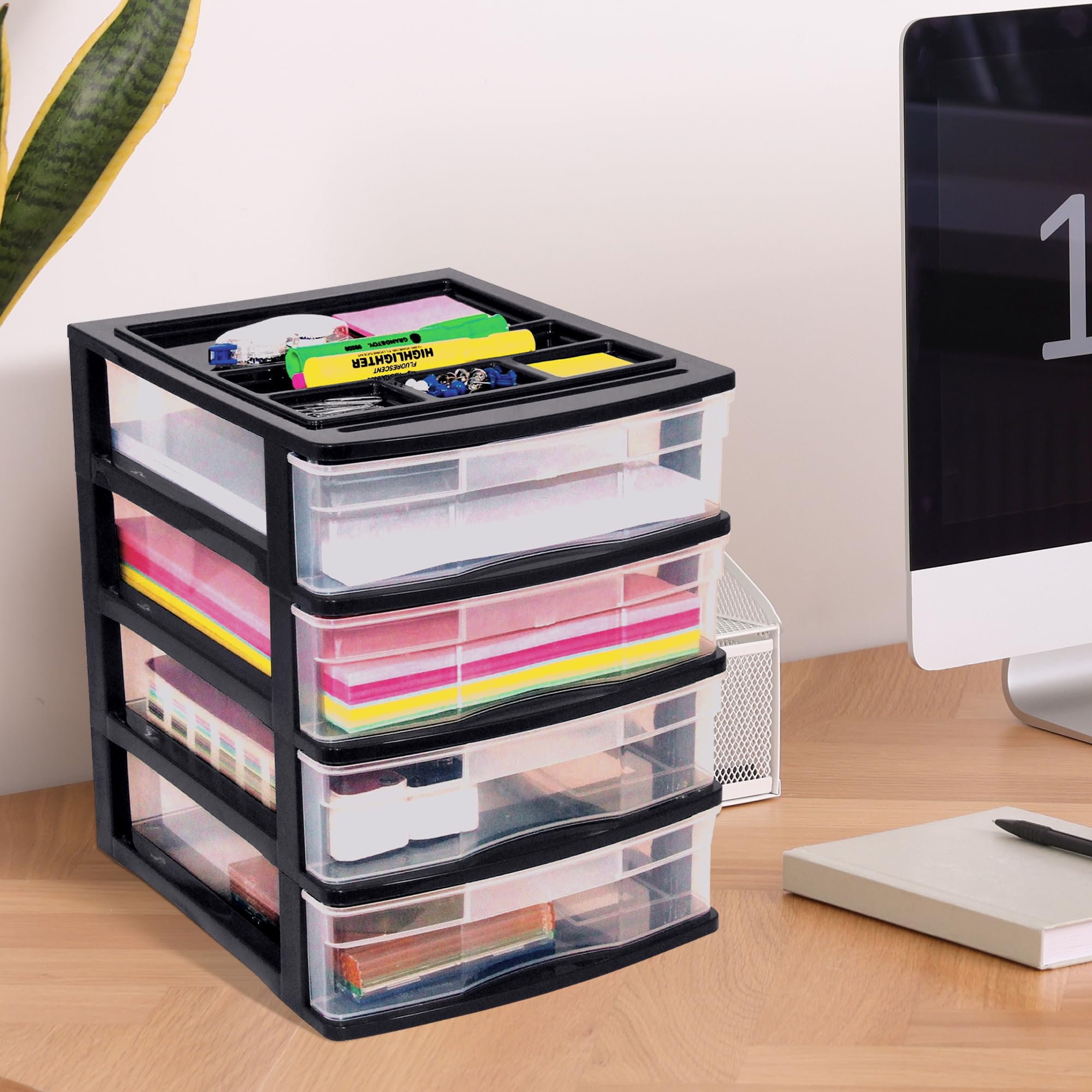 Gracious Living 4-Drawer Desktop Organizer - Black/Clear Storage Box for Office, School & Craft Supplies (4-Pack) | Perfect for Desk Organization, Classroom Storage & Craft Room Accessories