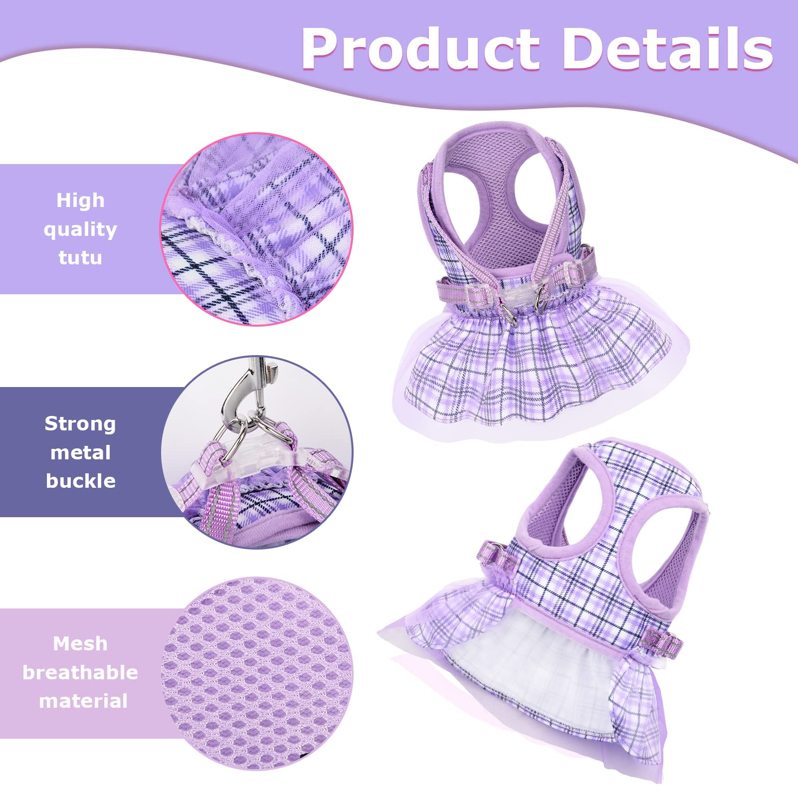 Plaid Dog Harness Dress with Leash Set - Cute Summer Pet Clothes for Small Dogs & Puppies | Chihuahua Harness Outfit (Purple, XX-Small) | Perfect for Daily Walks, Pet Parties & Photo Shoots