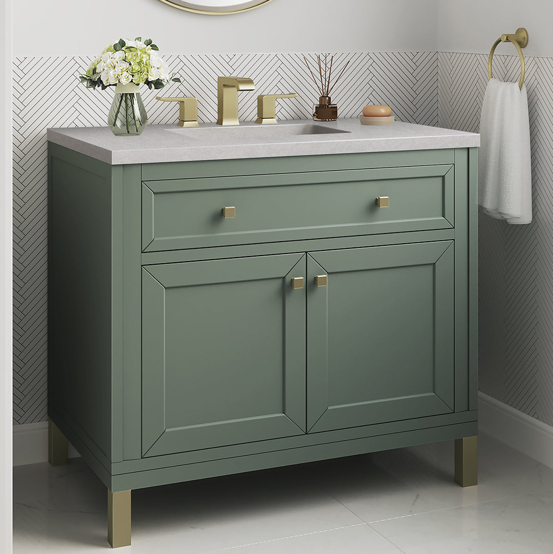 James Martin Vanities Chicago Collection 36 Inch Single Bathroom Vanity in Smokey Celadon with Countertop Options - Modern Farmhouse Style for Small Bathrooms & Powder Rooms