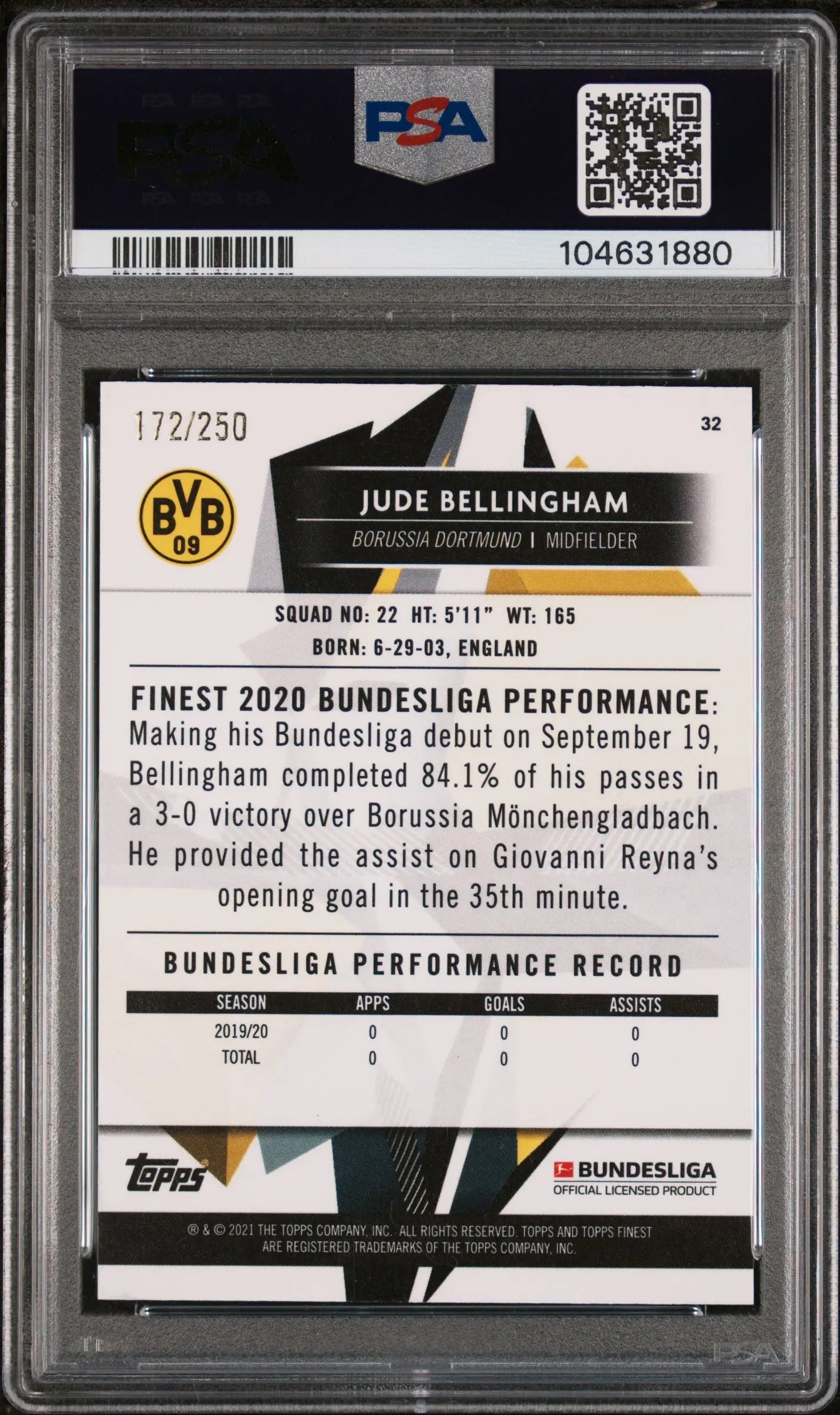 2020 Topps Finest Bundesliga Jude Bellingham Rookie Card Purple Wave Refractor PSA 9 Gem Mint /250 - Perfect for Soccer Card Collectors & Bundesliga Fans