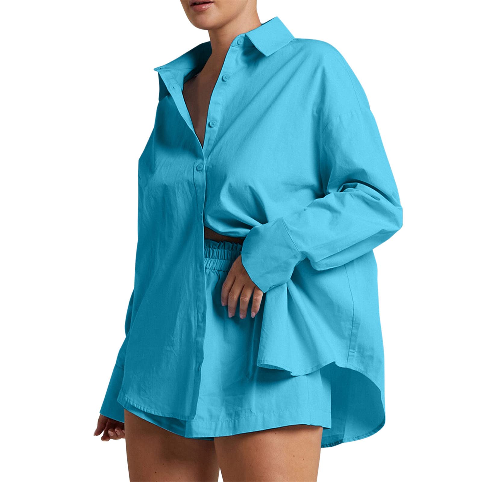 Women's 2-Piece Lounge Tracksuit Outfit Set - High Low Shirt & Drawstring Casual Shorts - Comfortable Loungewear for Home, Yoga, and Travel