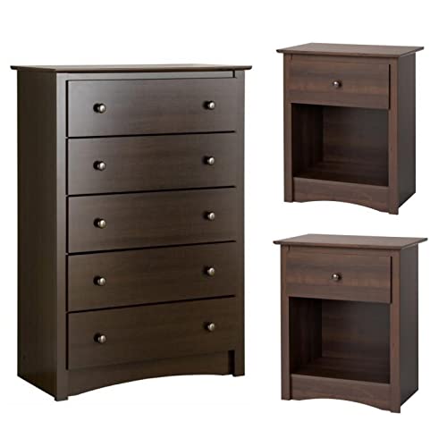 Home Square 3-Piece Bedroom Set - 2 Tall Nightstands & 5-Drawer Dresser in Espresso Finish | Modern Bedside Storage Solution for Master Bedroom or Guest Room