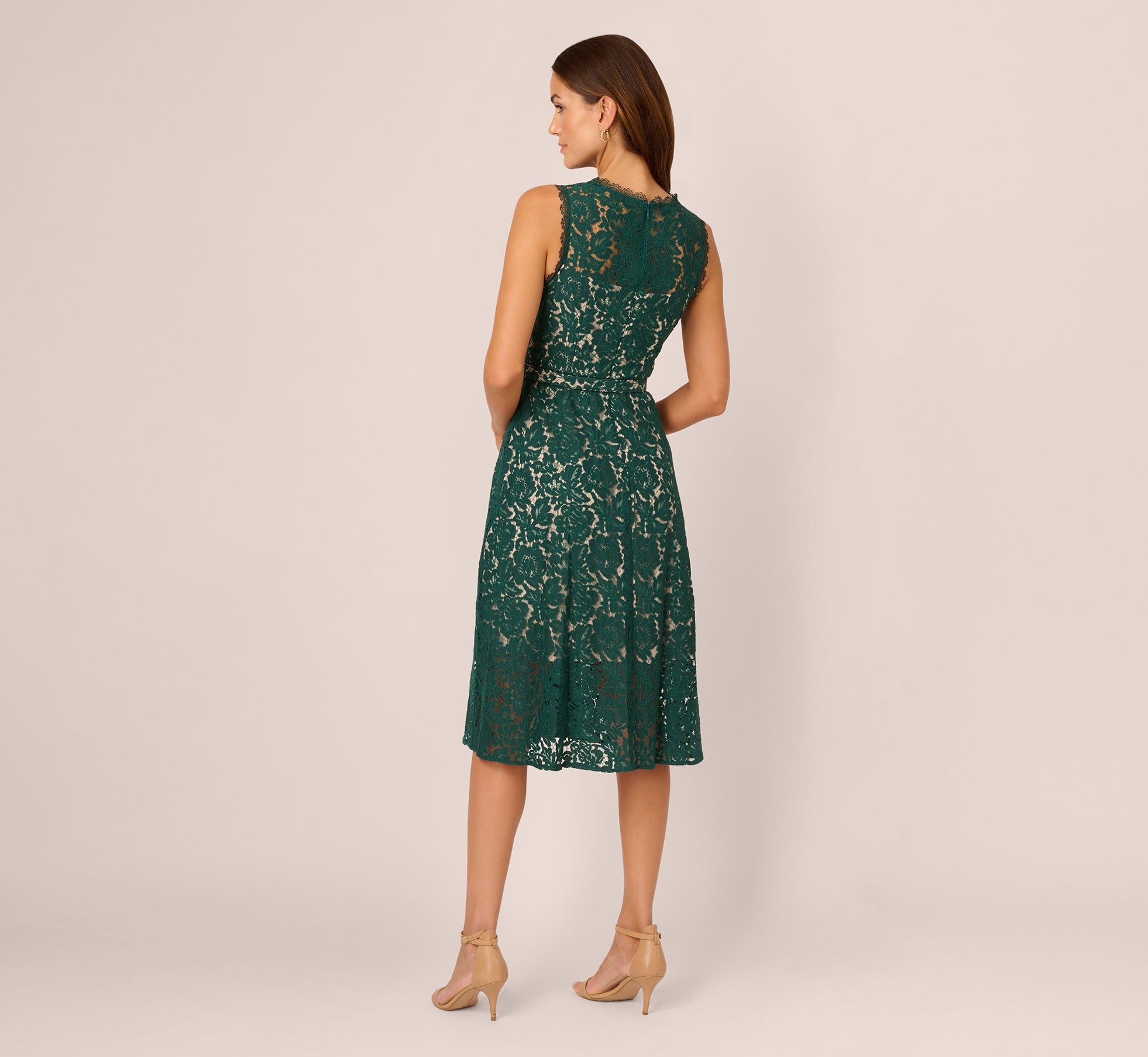 Elegant Sleeveless Lace Fit and Flare Dress with Sheer Details in Hunter Green - Perfect for Weddings, Parties & Special Occasions