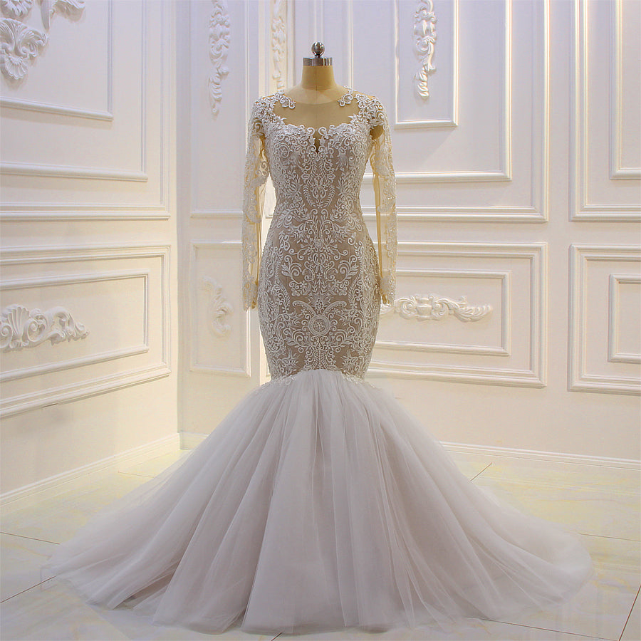 AM104 Amanda Design Vintage Lace Applique Mermaid Wedding Dress with Full Sleeves - Perfect for Romantic Beach, Church, and Vintage Theme Weddings