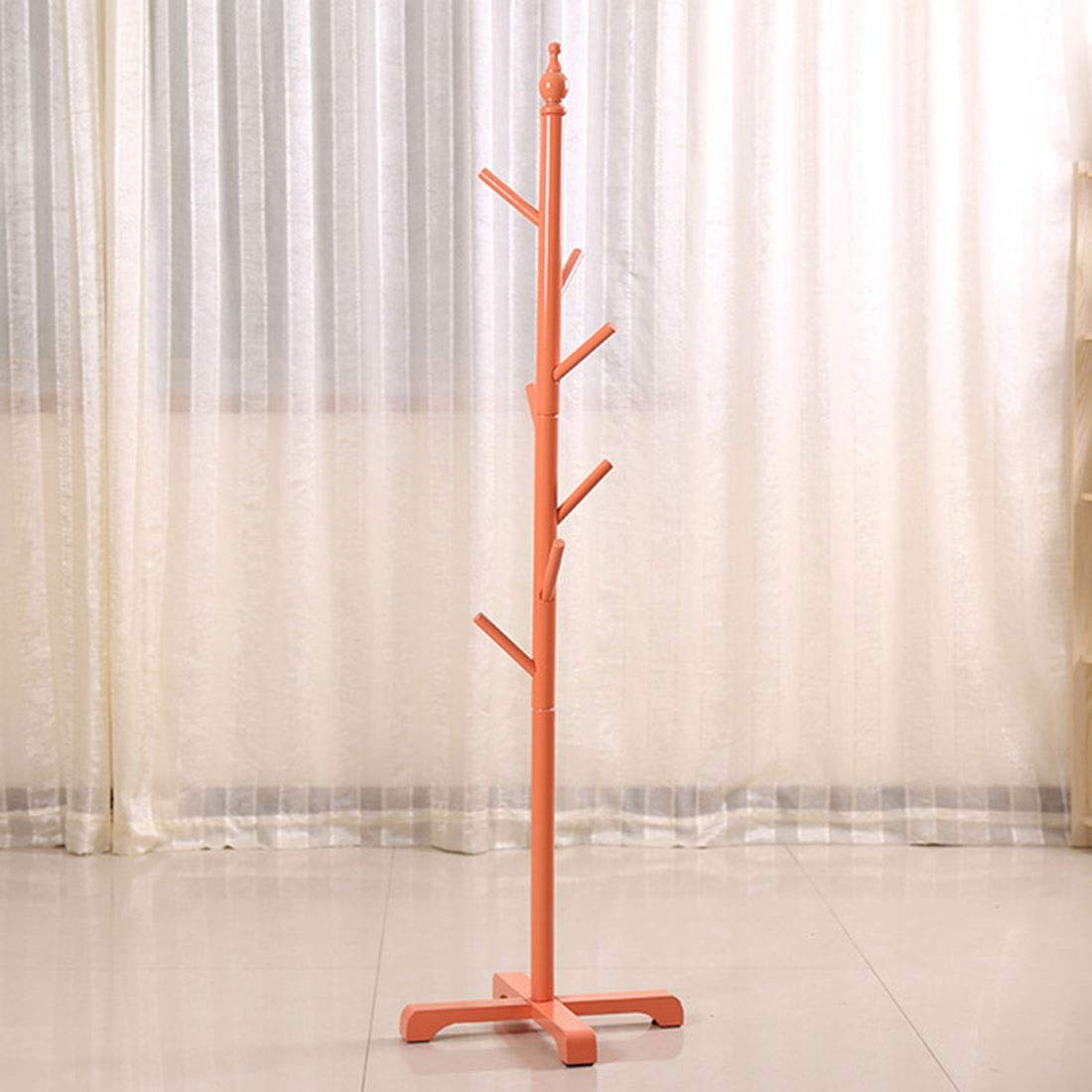 7-Hook Free Standing Wooden Coat Rack - No Tools Required Entryway Organizer for Hats, Jackets & Accessories | Perfect for Hallway, Bedroom & Kids Room Decor (Orange)