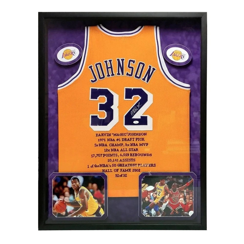 Magic Johnson Signed Lakers Jersey Framed #32/32 with JSA COA - Authentic NBA Memorabilia for Sports Fans & Collectors - Perfect for Man Cave, Sports Bar Decor or Gift for Basketball Lovers
